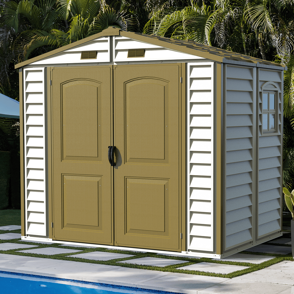 DuraMax 8ft x 5.5ft Storeall Plastic Vinyl Shed with Foundation Kit and window 30115