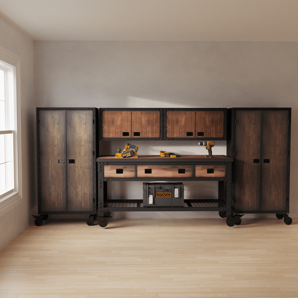 Duramax 5-Piece Garage Storage Combo Set with Workbench, Wall Cabinets and Free Standing Cabinets