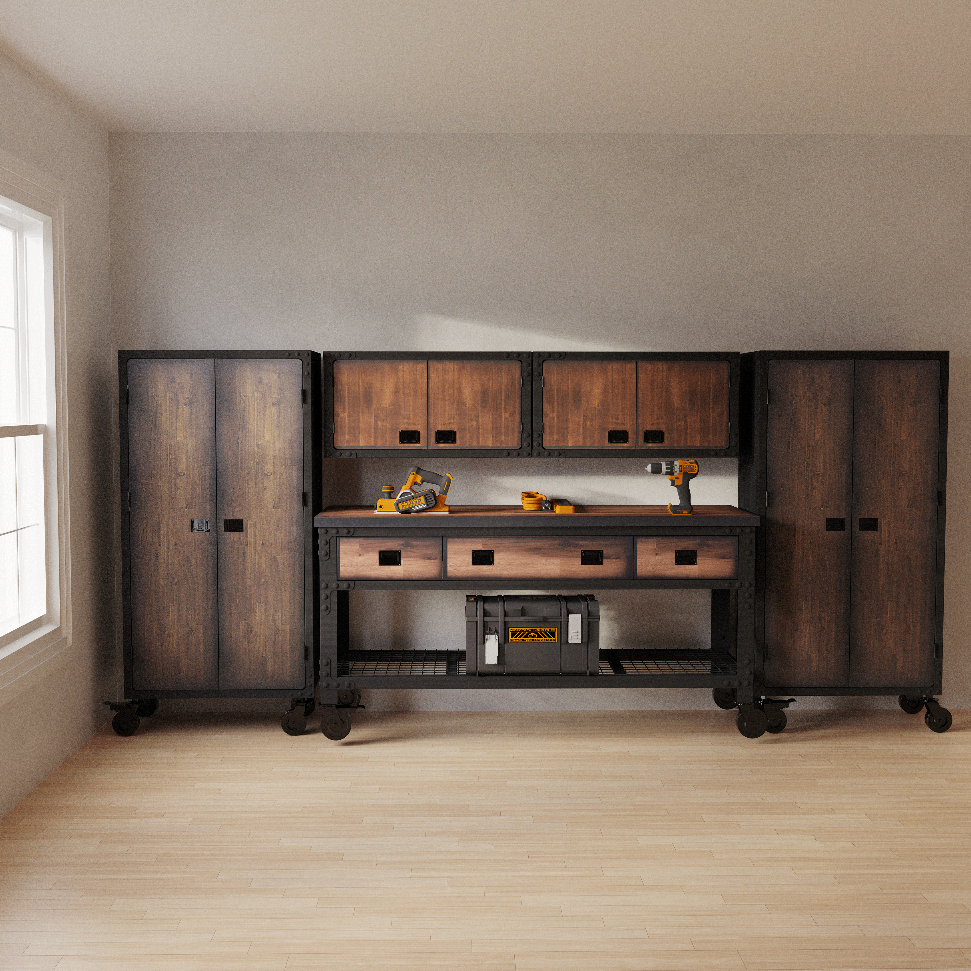 Duramax 5-Piece Garage Storage Combo Set with Workbench, Wall Cabinets and Free Standing Cabinets