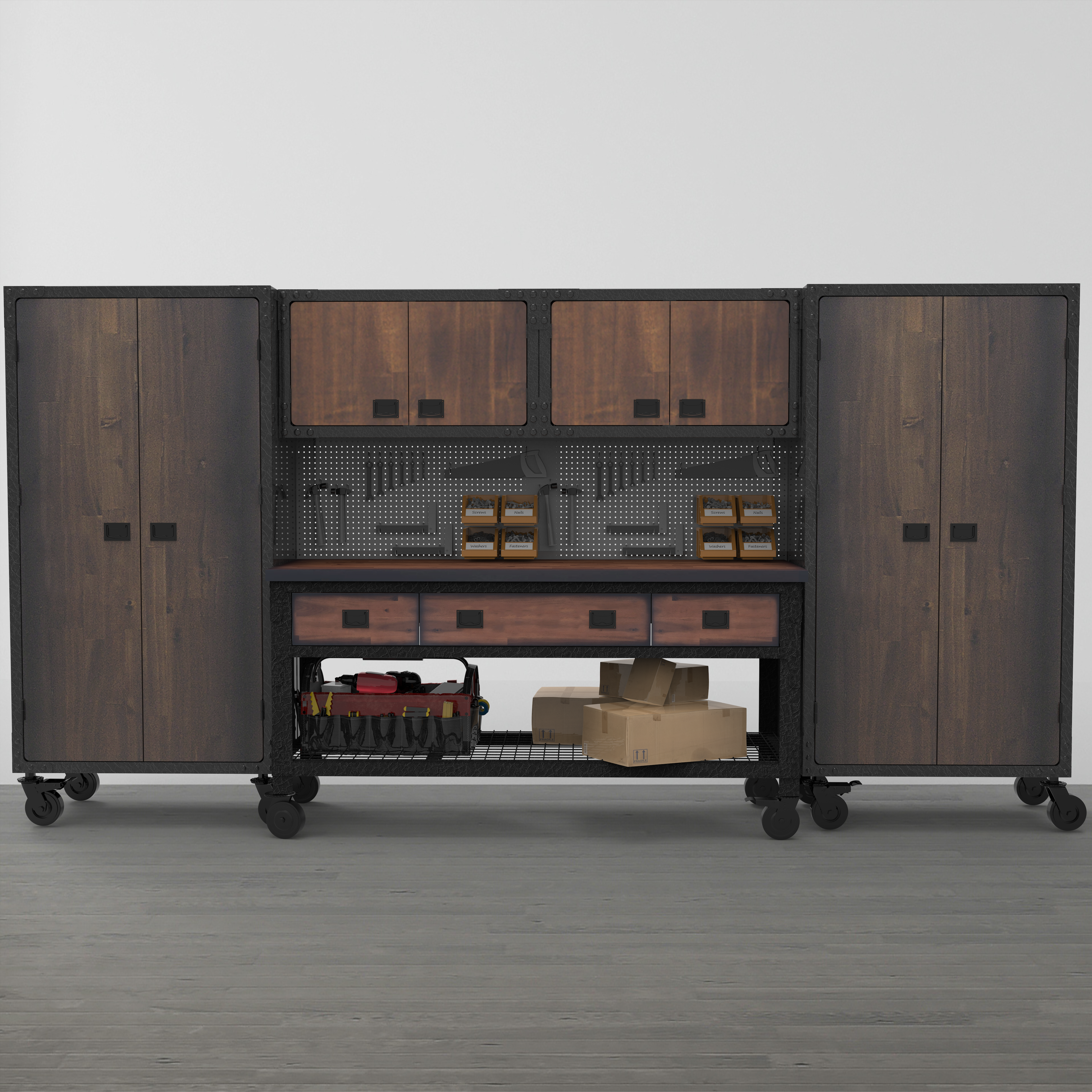 Duramax 5-Piece Garage Storage Combo Set with Workbench, Wall Cabinets and Free Standing Cabinets