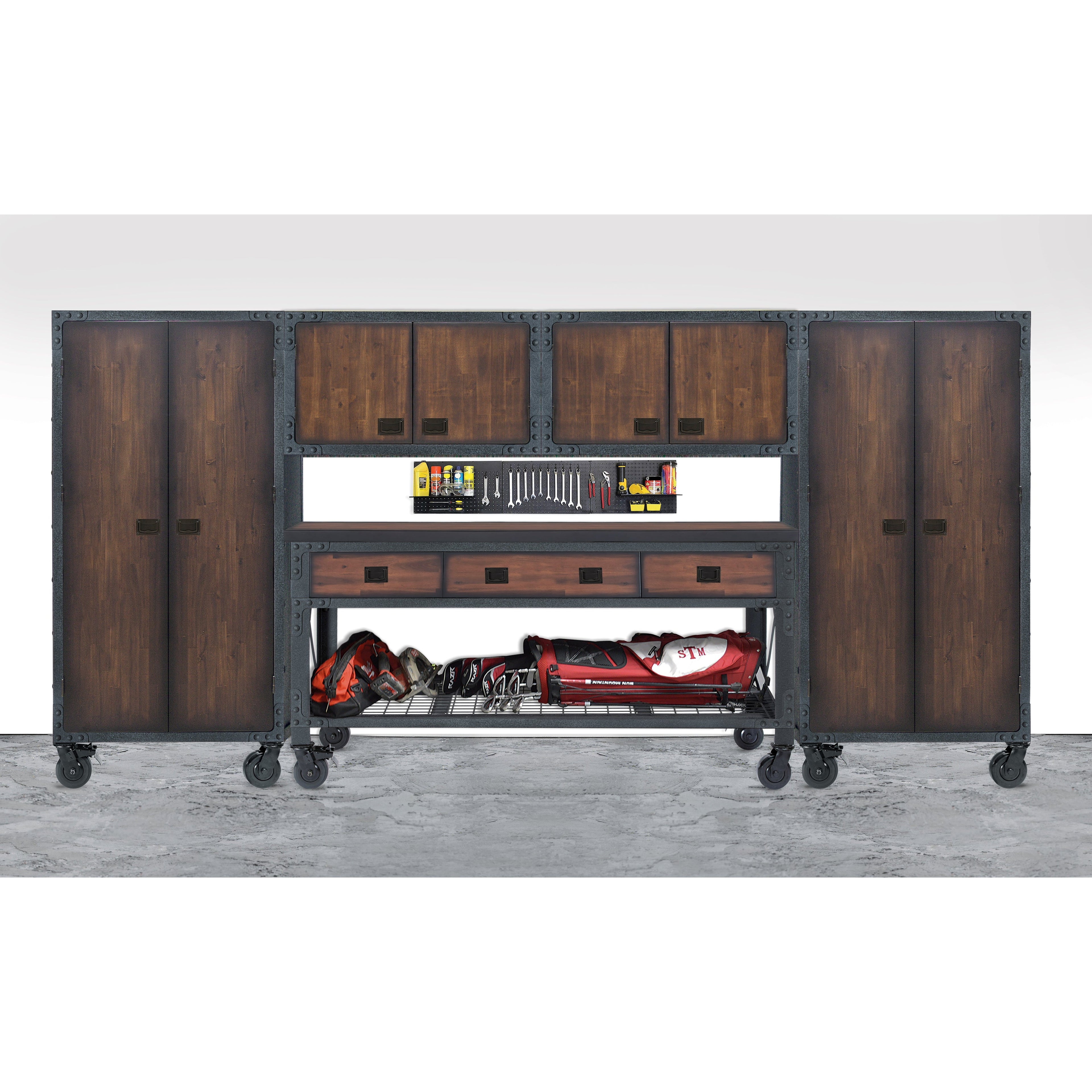 Duramax 5-Piece Garage Storage Combo Set with Workbench, Wall Cabinets and Free Standing Cabinets