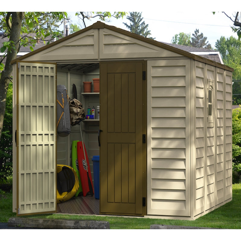 DuraMax 10.5ft x 10.5 ft Woodbridge Plus Plastic Vinyl Shed w/ Foundation Kit & Window 40224