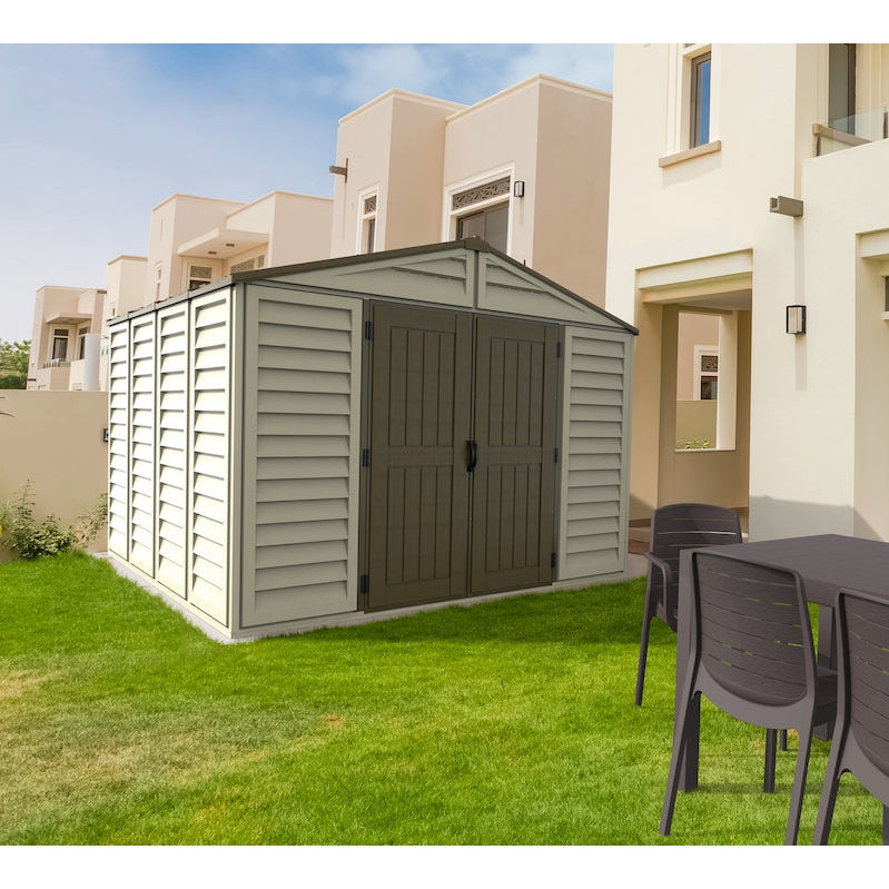 DuraMax 10.5ft x 10.5 ft Woodbridge Plus Plastic Vinyl Shed w/ Foundation Kit & Window 40224