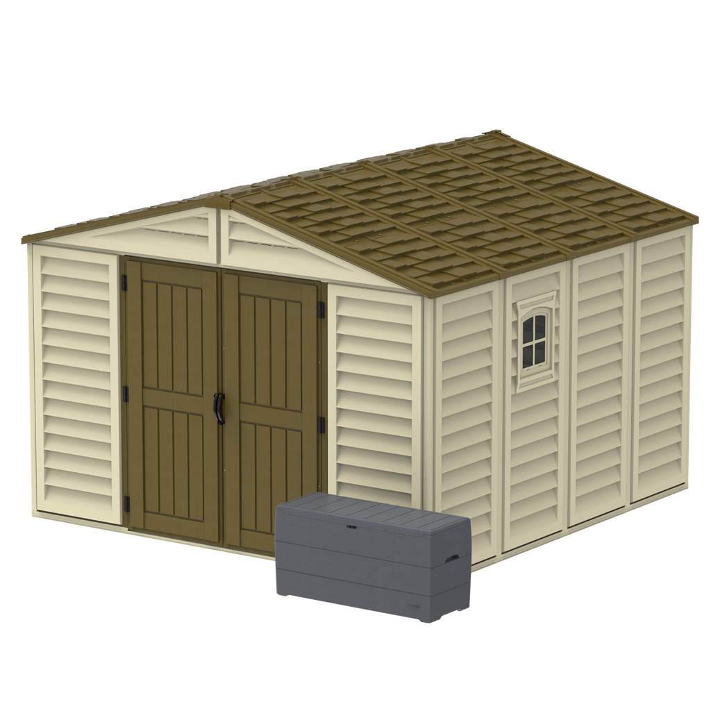 DuraMax 10.5ft x 10.5 ft Woodbridge Plus Plastic Vinyl Shed w/ Foundation Kit & Window 40224