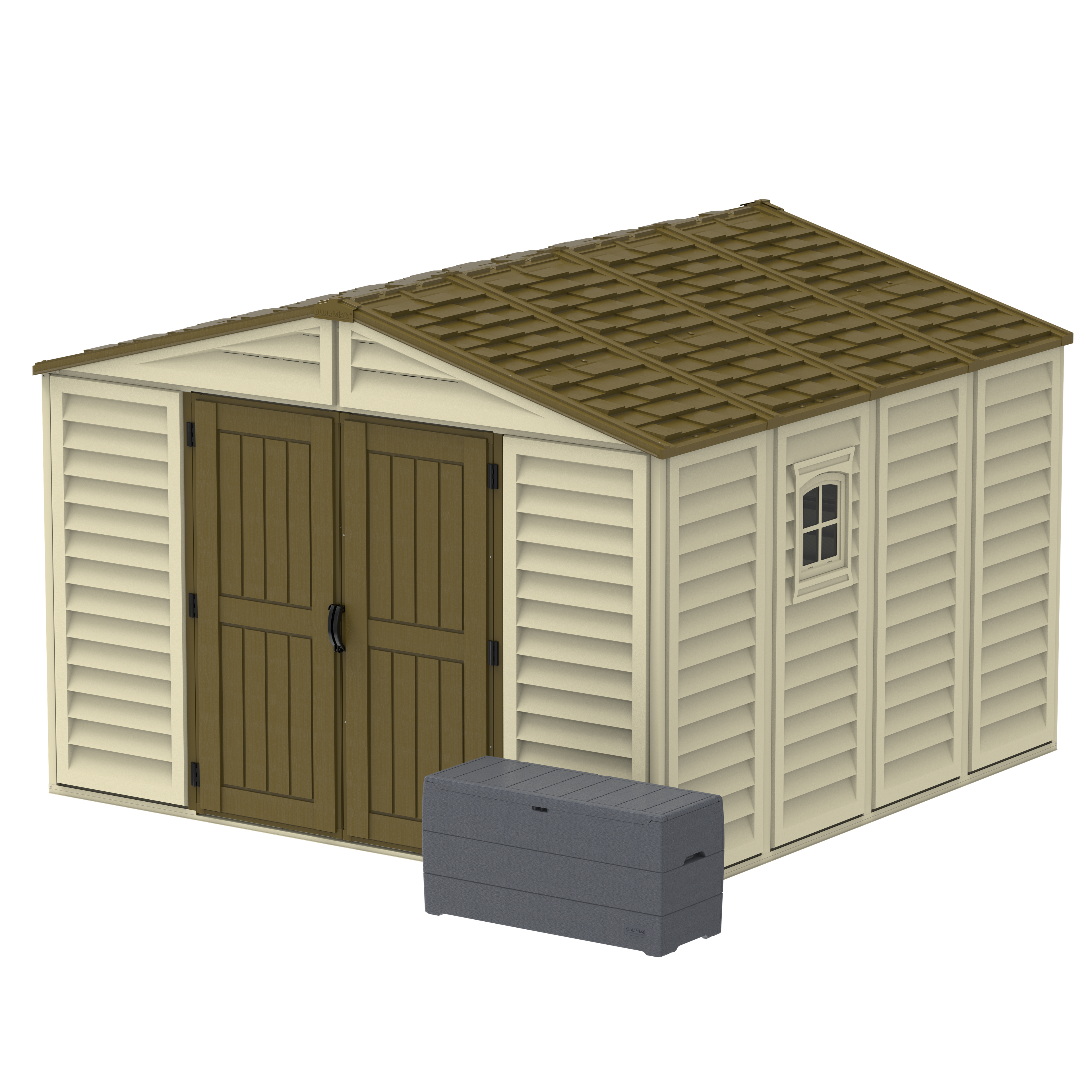 DuraMax 10.5ft x 10.5 ft Woodbridge Plus Plastic Vinyl Shed w/ Foundation Kit & Window 40224