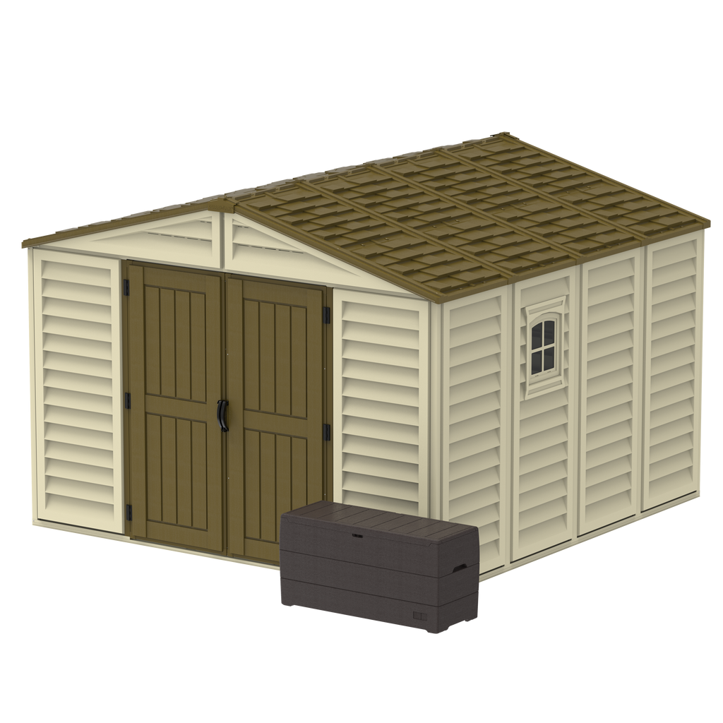 DuraMax 10.5ft x 10.5 ft Woodbridge Plus Plastic Vinyl Shed w/ Foundation Kit & Window 40224