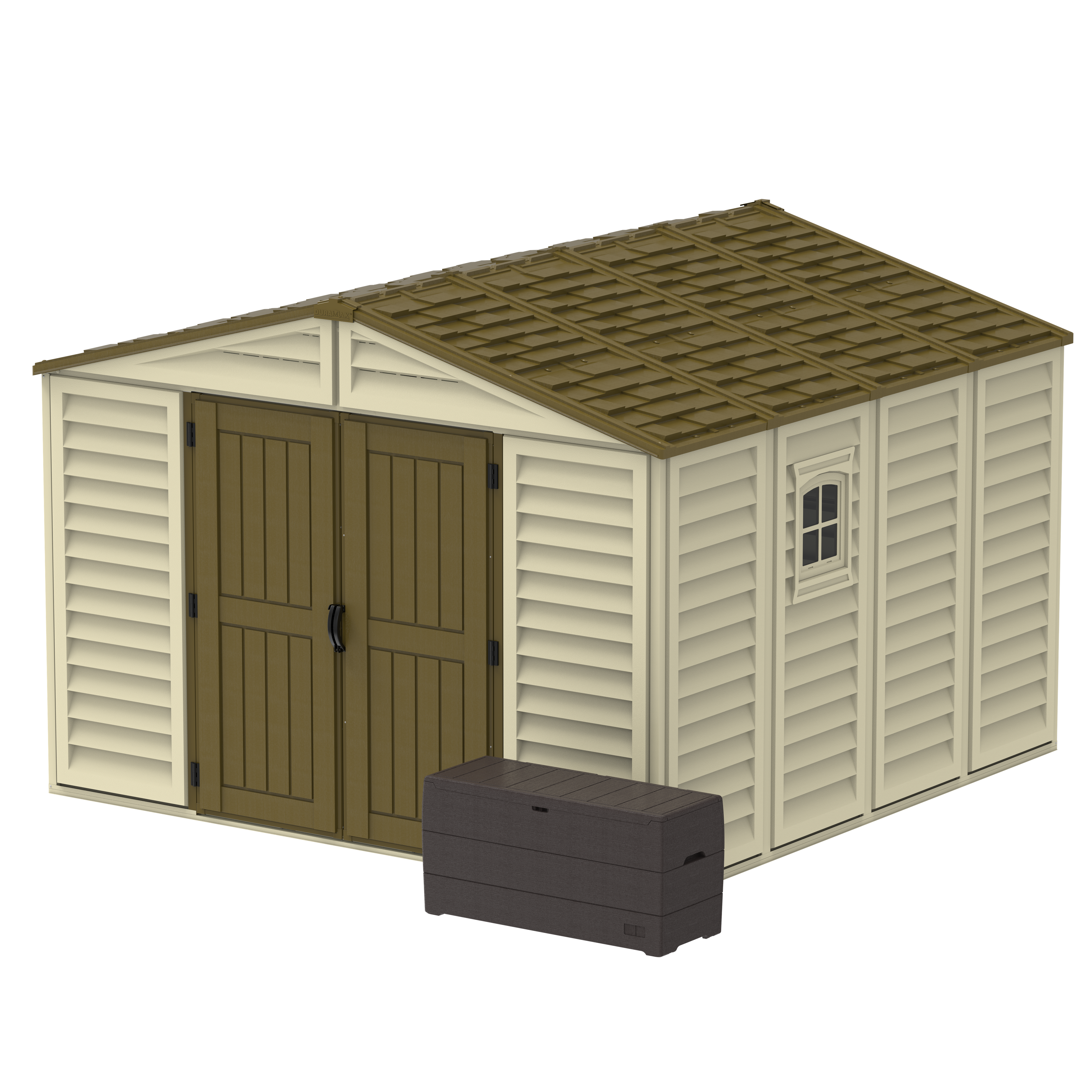DuraMax 10.5ft x 10.5 ft Woodbridge Plus Plastic Vinyl Shed w/ Foundation Kit & Window 40224