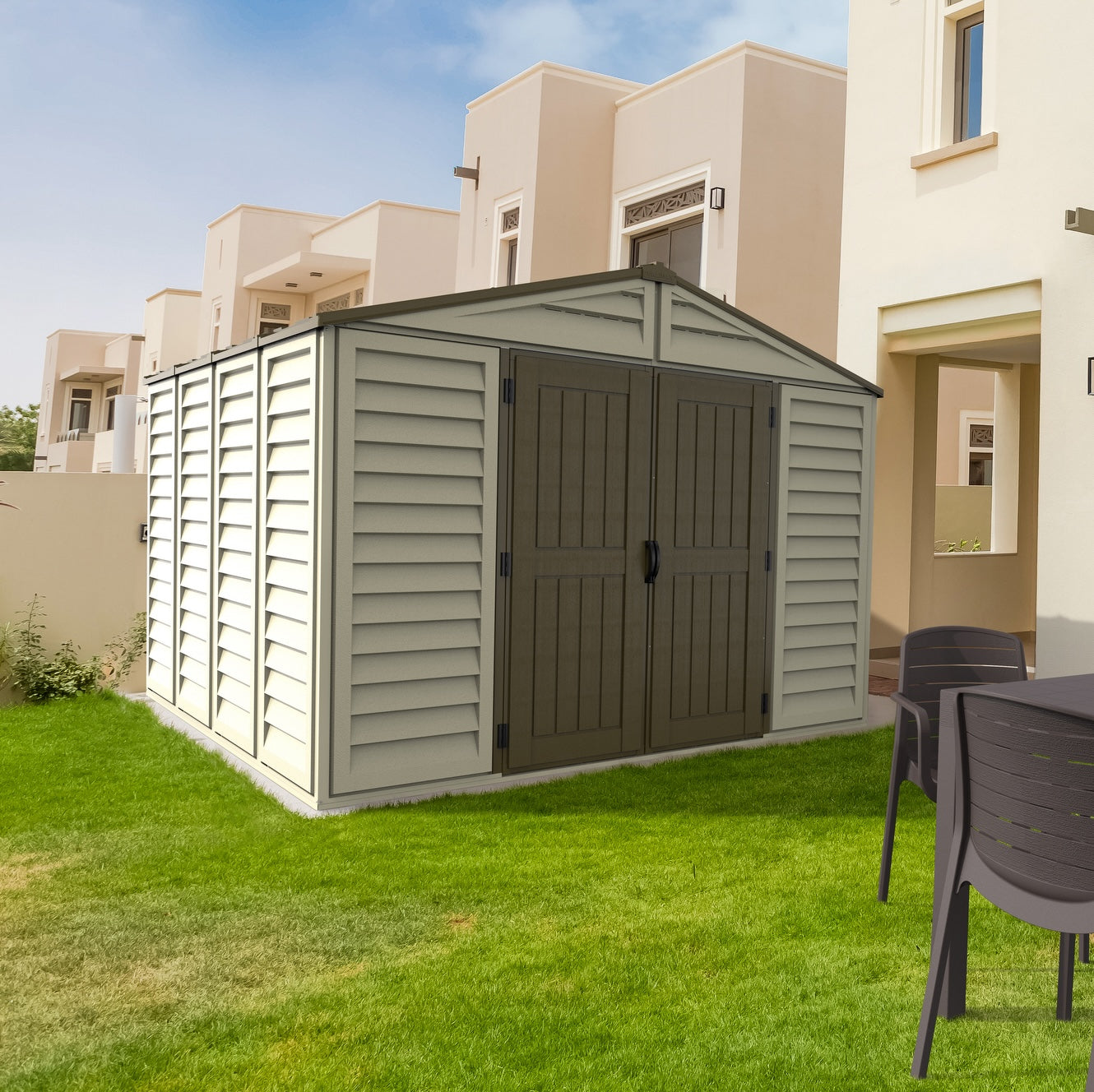 DuraMax 10.5ft x 10.5 ft Woodbridge Plus Plastic Vinyl Shed w/ Foundation Kit & Window 40224