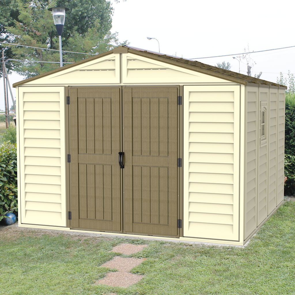 DuraMax 10.5ft x 10.5 ft Woodbridge Plus Plastic Vinyl Shed w/ Foundation Kit & Window 40224