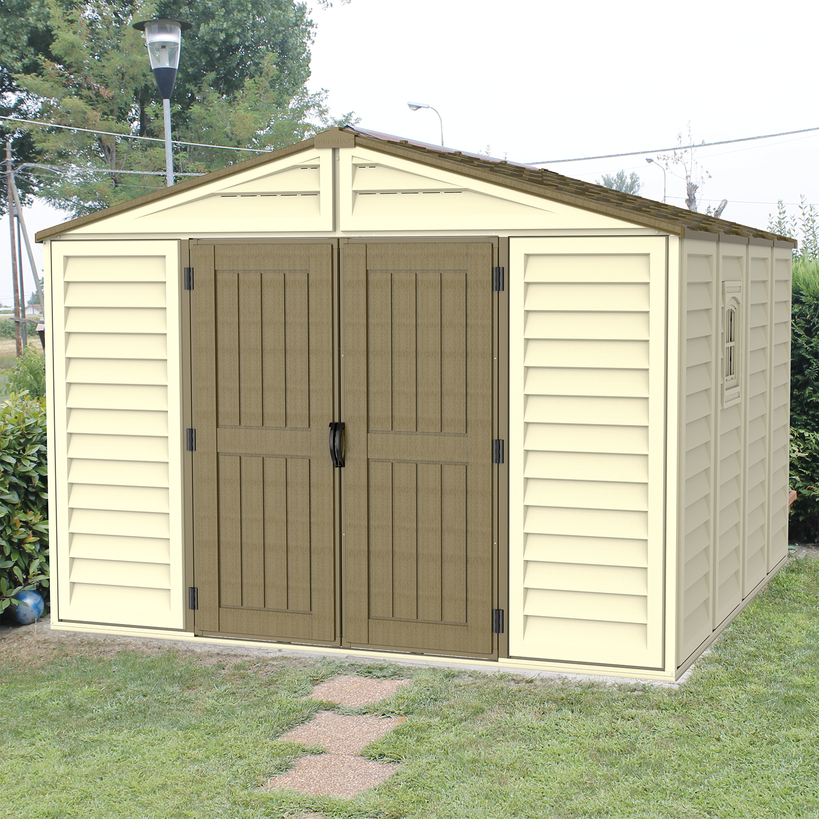 DuraMax 10.5ft x 10.5 ft Woodbridge Plus Plastic Vinyl Shed w/ Foundation Kit & Window 40224