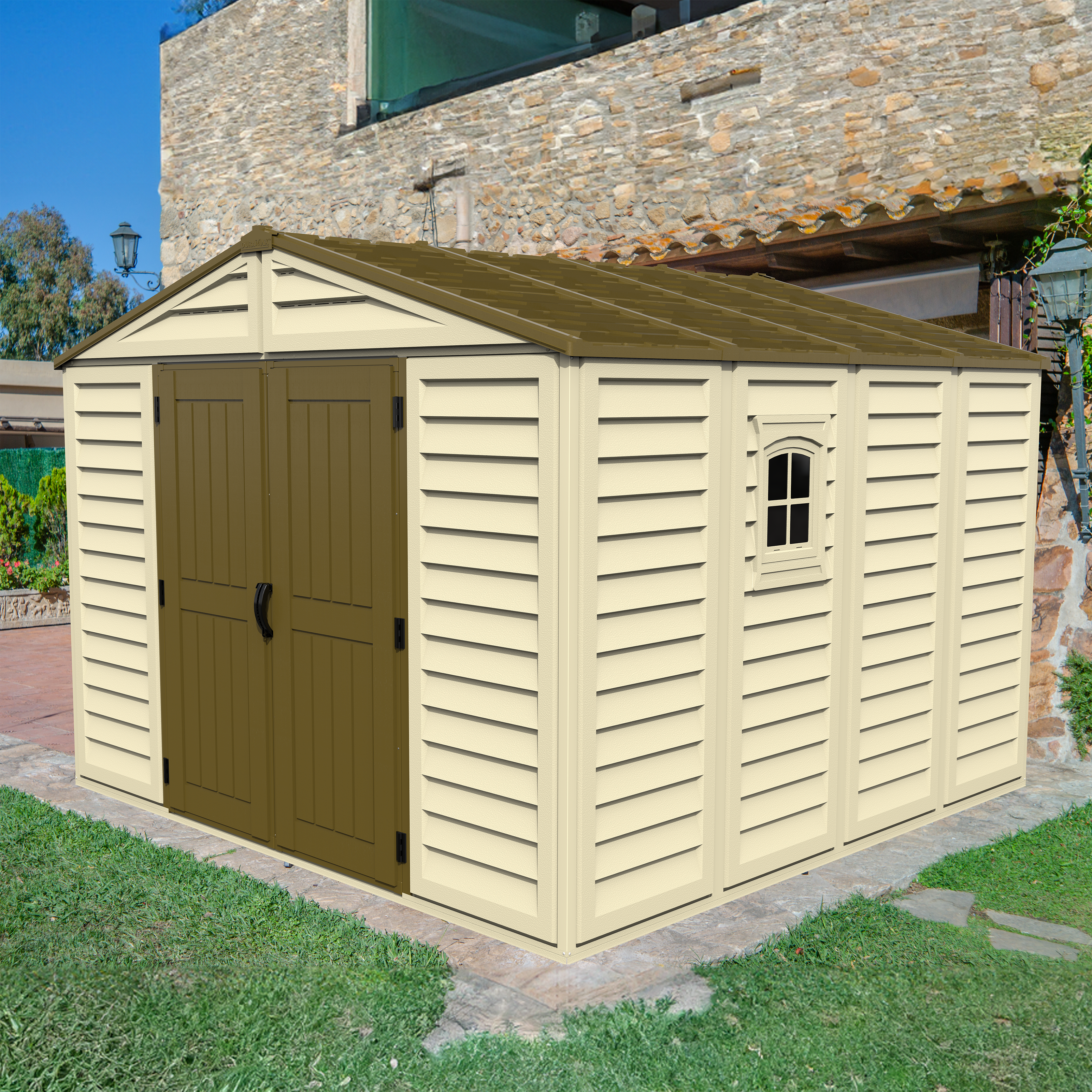 DuraMax 10.5ft x 10.5 ft Woodbridge Plus Plastic Vinyl Shed w/ Foundation Kit & Window 40224