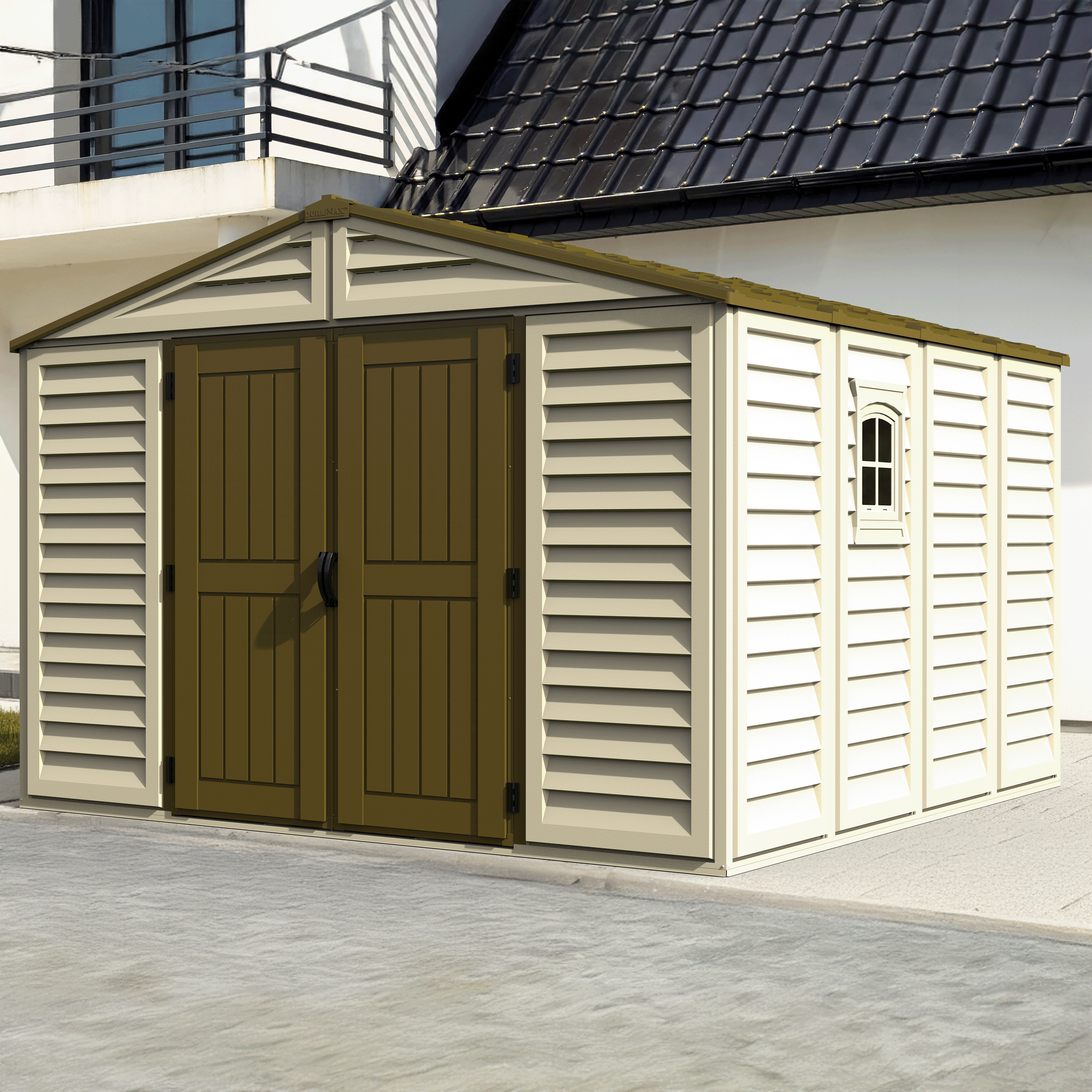 DuraMax 10.5ft x 10.5 ft Woodbridge Plus Plastic Vinyl Shed w/ Foundation Kit & Window 40224