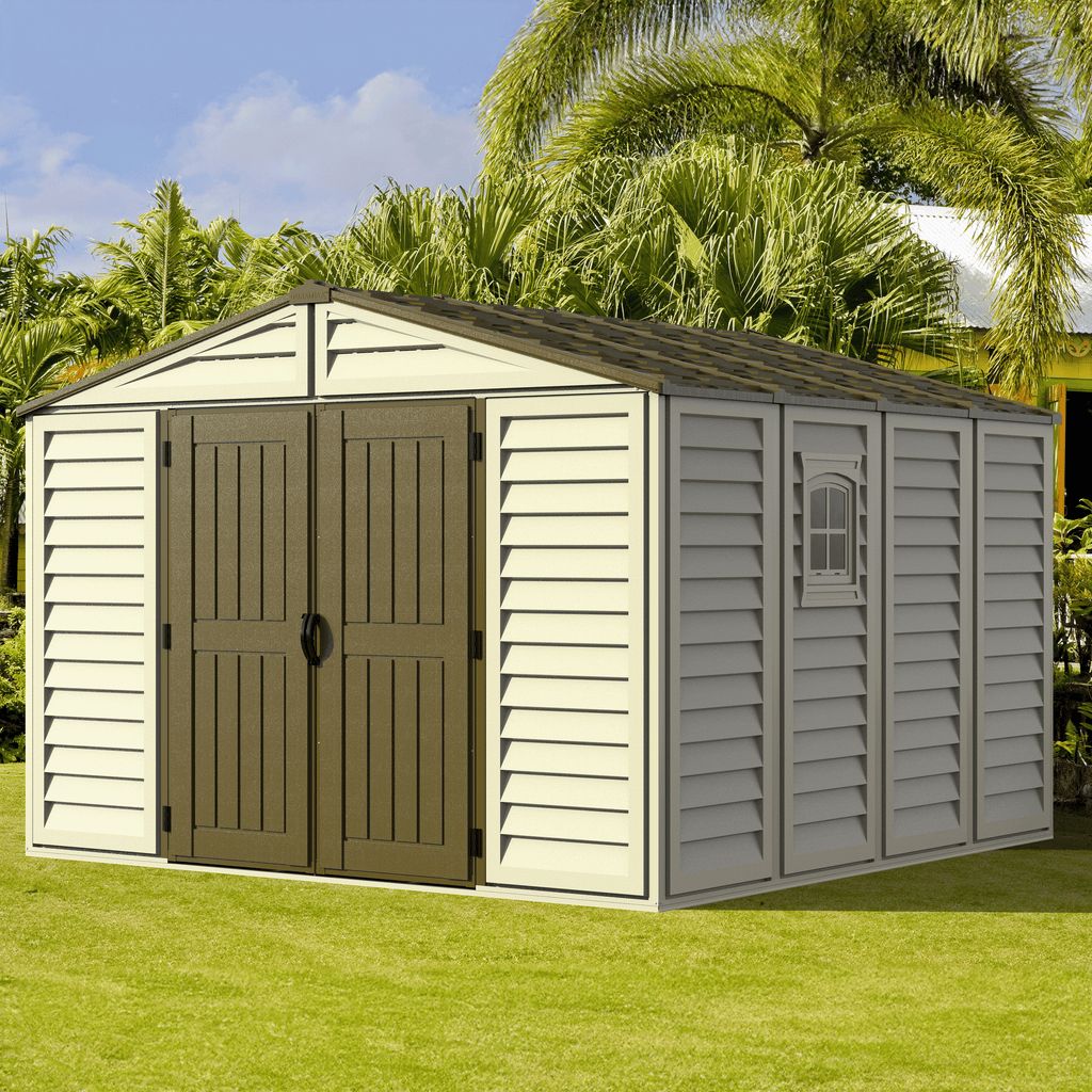 DuraMax 10.5ft x 10.5 ft Woodbridge Plus Plastic Vinyl Shed w/ Foundation Kit & Window 40224