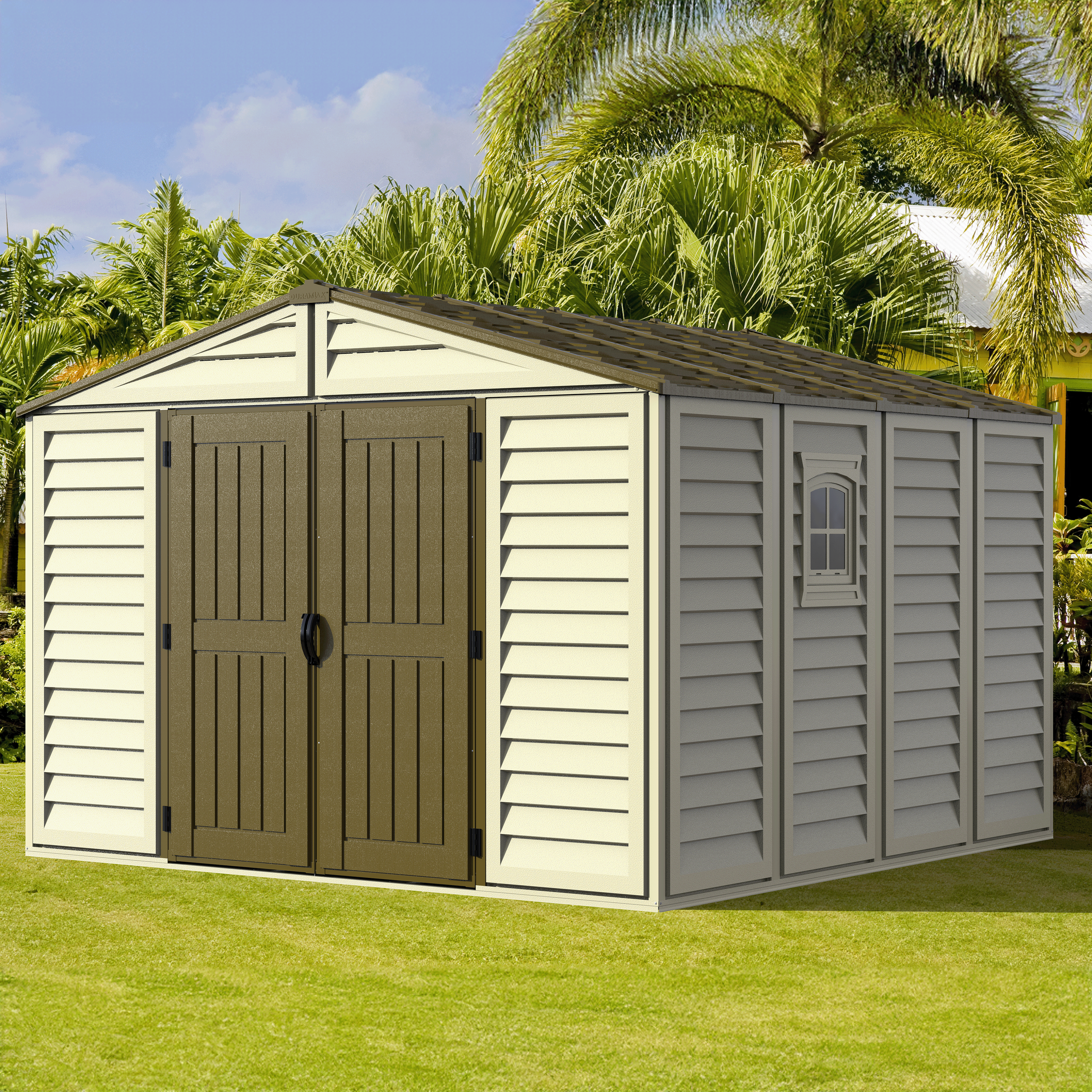 DuraMax 10.5ft x 10.5 ft Woodbridge Plus Plastic Vinyl Shed w/ Foundation Kit & Window 40224