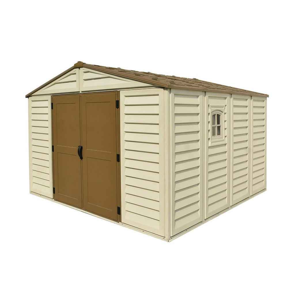 DuraMax 10.5ft x 10.5 ft Woodbridge Plus Plastic Vinyl Shed w/ Foundation Kit & Window 40224