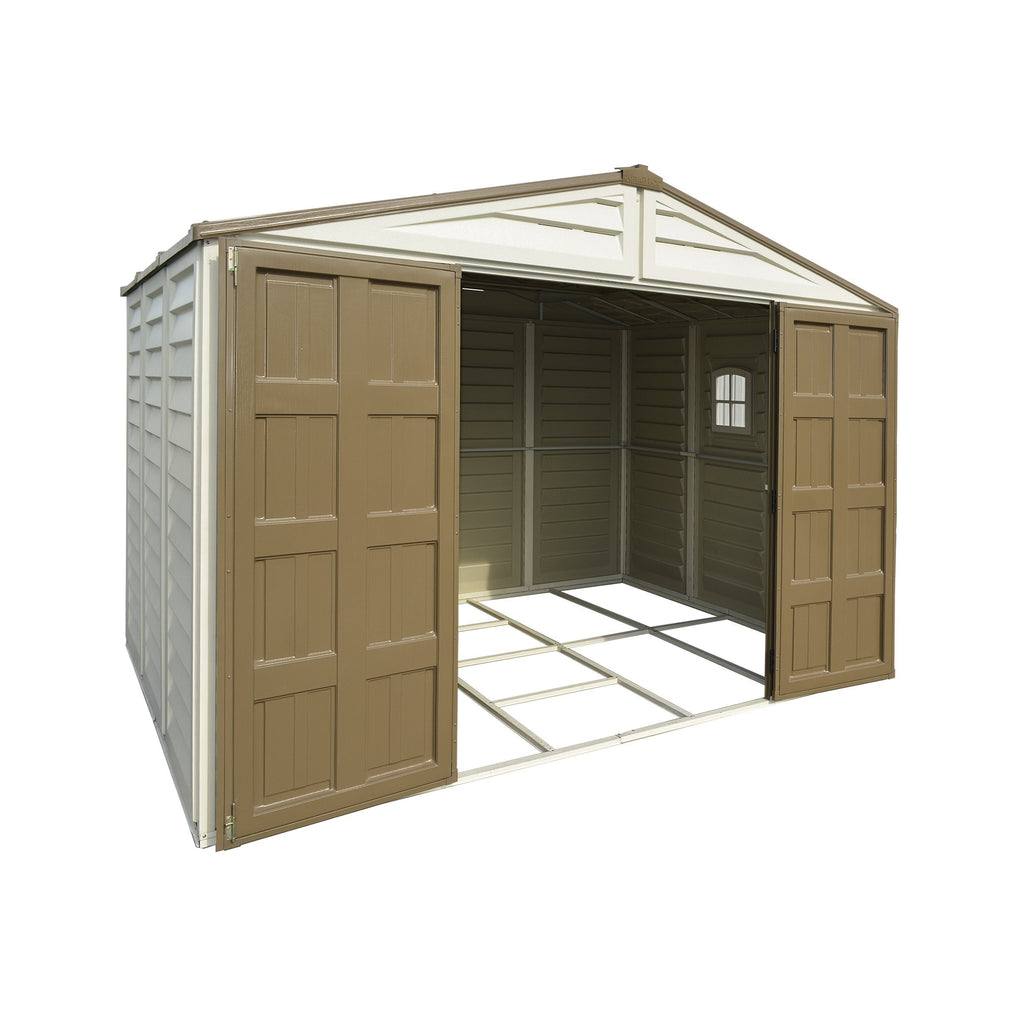 DuraMax 10.5ft x 10.5 ft Woodbridge Plus Plastic Vinyl Shed w/ Foundation Kit & Window 40224