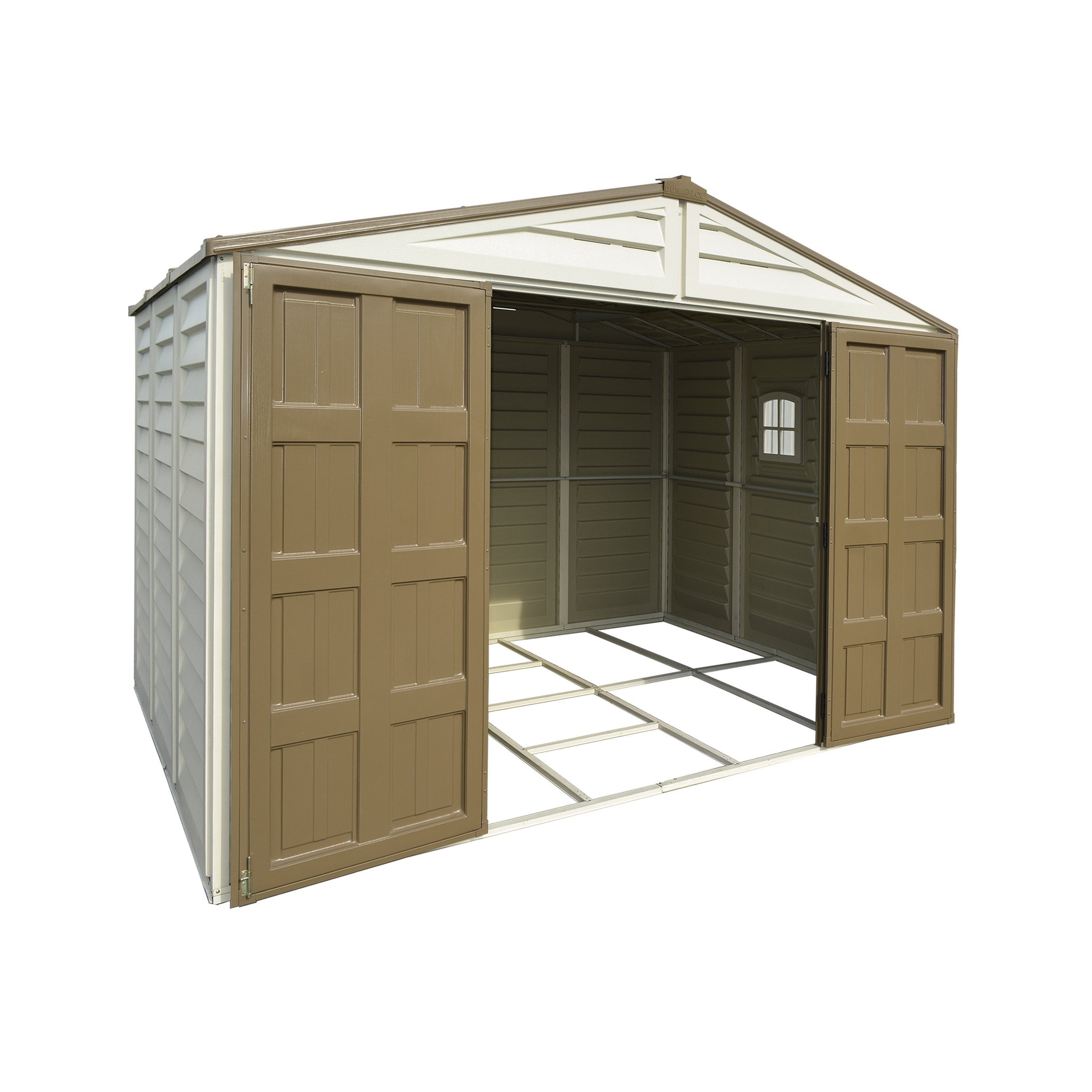DuraMax 10.5ft x 10.5 ft Woodbridge Plus Plastic Vinyl Shed w/ Foundation Kit & Window 40224