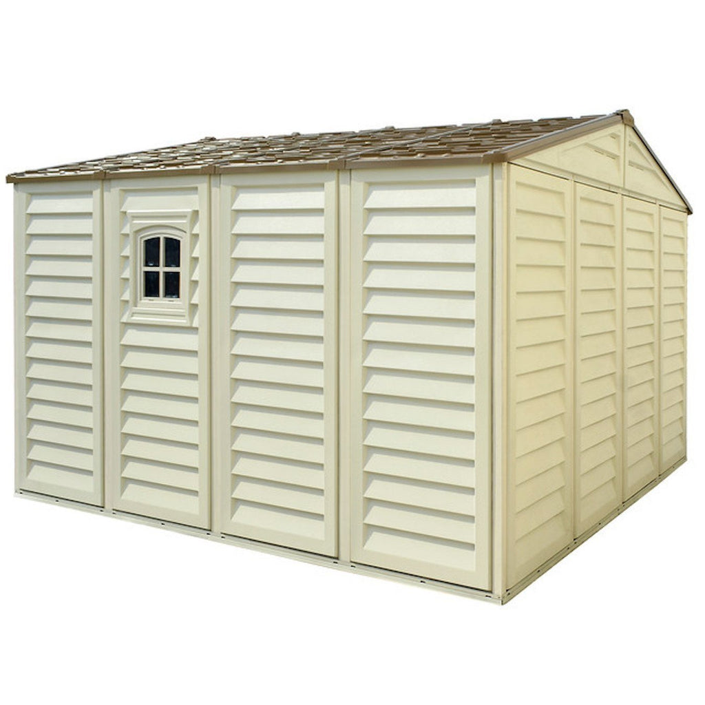 DuraMax 10.5ft x 10.5 ft Woodbridge Plus Plastic Vinyl Shed w/ Foundation Kit & Window 40224
