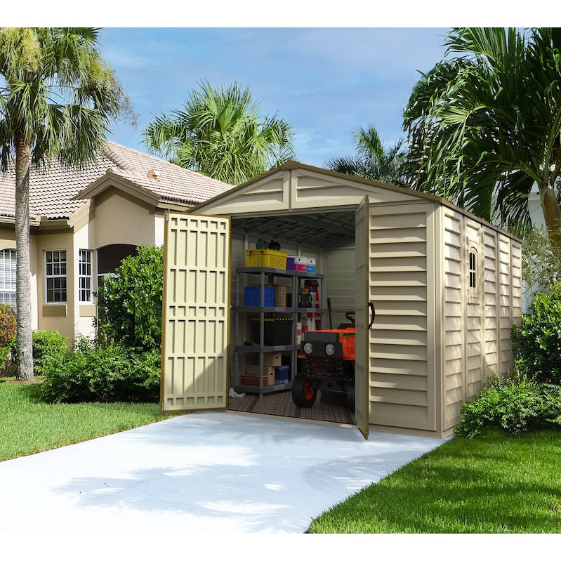 DuraMax 10.5ft x 13ft  Woodbridge Plus Plastic Vinyl Shed w/ Foundation Kit & Window 40234
