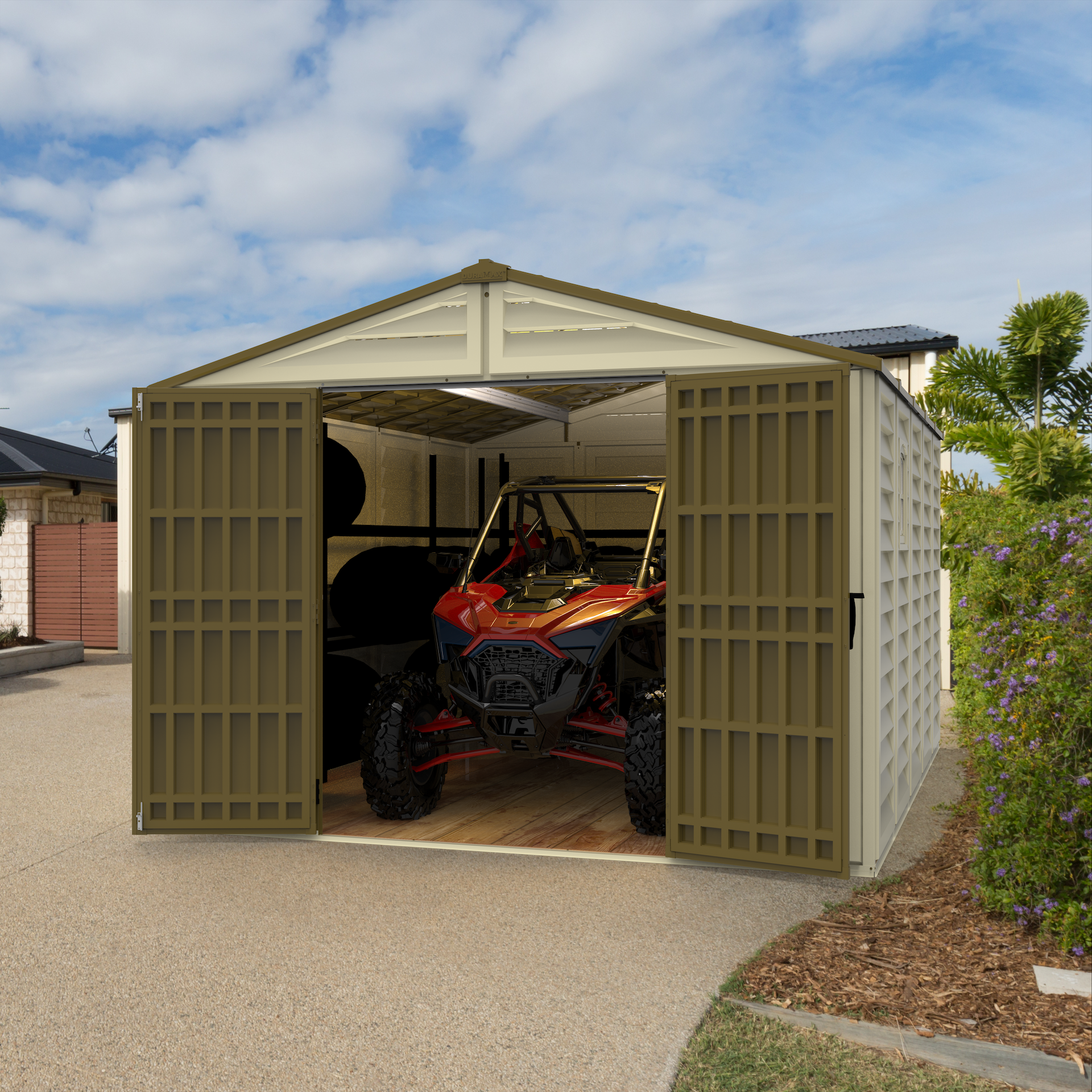 DuraMax 10.5ft x 13ft  Woodbridge Plus Plastic Vinyl Shed w/ Foundation Kit & Window 40234