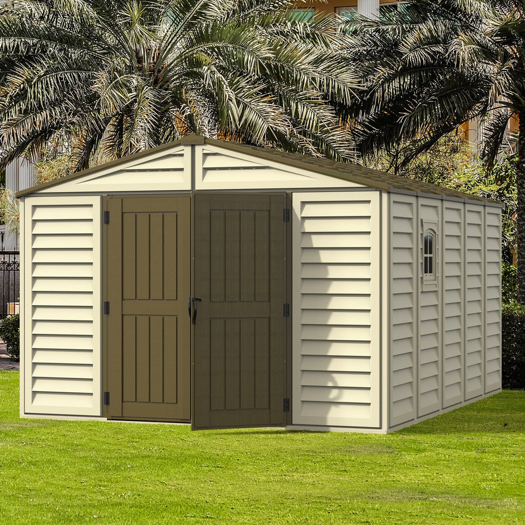DuraMax 10.5ft x 13ft  Woodbridge Plus Plastic Vinyl Shed w/ Foundation Kit & Window 40234
