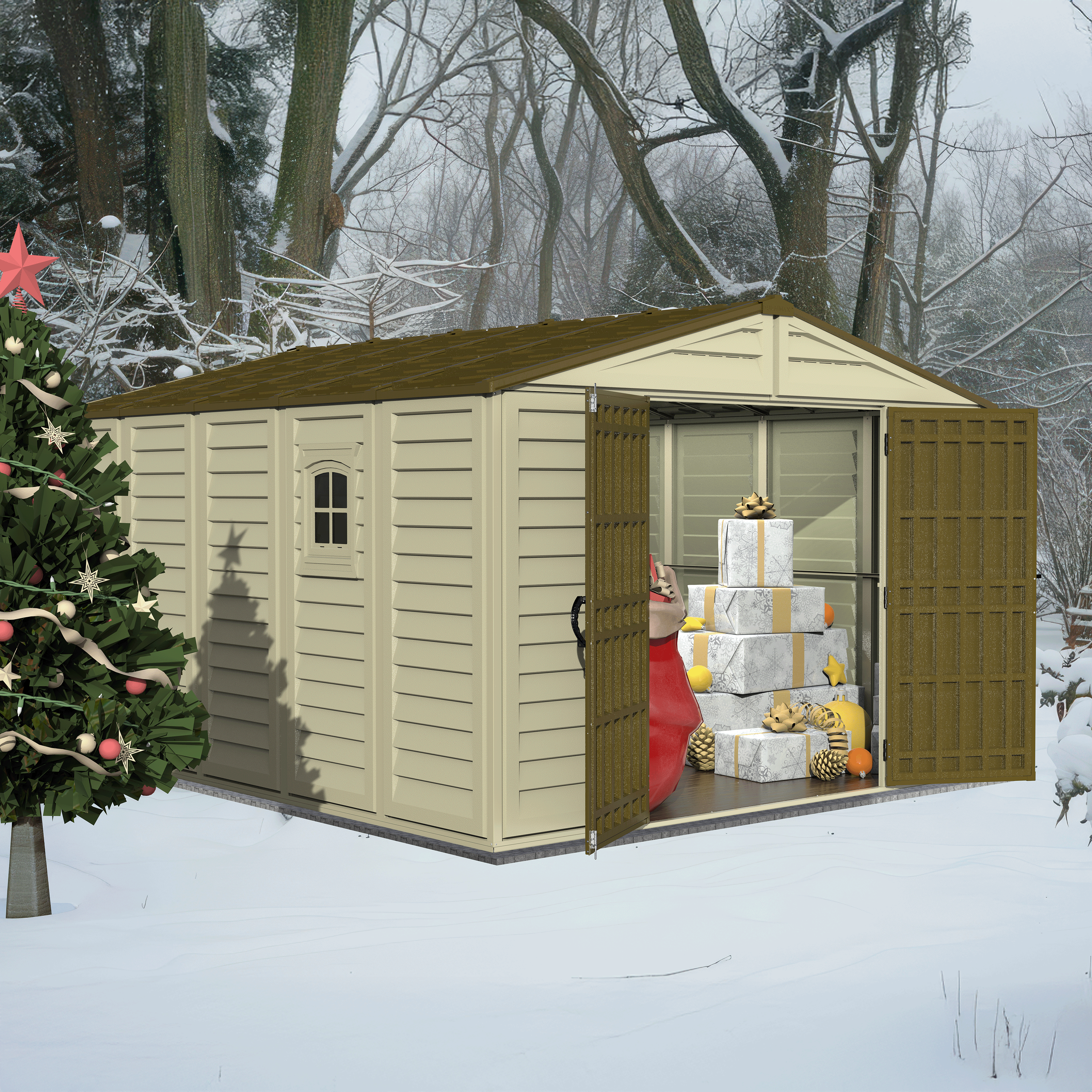 DuraMax 10.5ft x 13ft  Woodbridge Plus Plastic Vinyl Shed w/ Foundation Kit & Window 40234