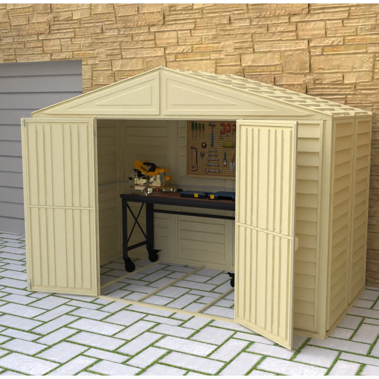 DuraMax 10.5ft x 5ft Woodbridge Plastic Vinyl Shed with Foundation Kit 00283