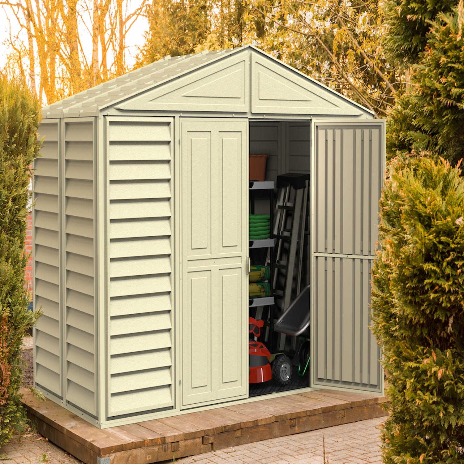 DuraMax 10.5ft x 5ft Woodbridge Plastic Vinyl Shed with Foundation Kit 00283