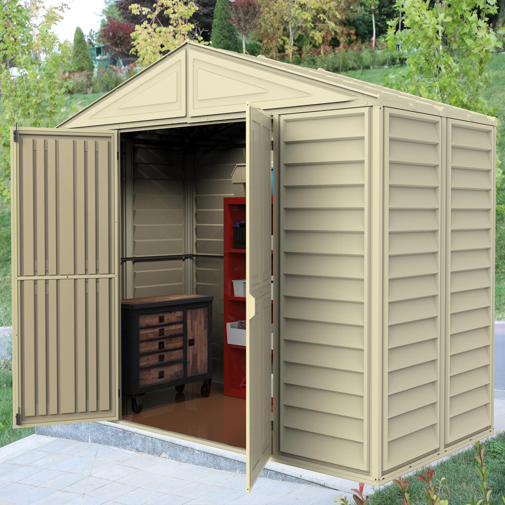 DuraMax 10.5ft x 5ft Woodbridge Plastic Vinyl Shed with Foundation Kit 00283