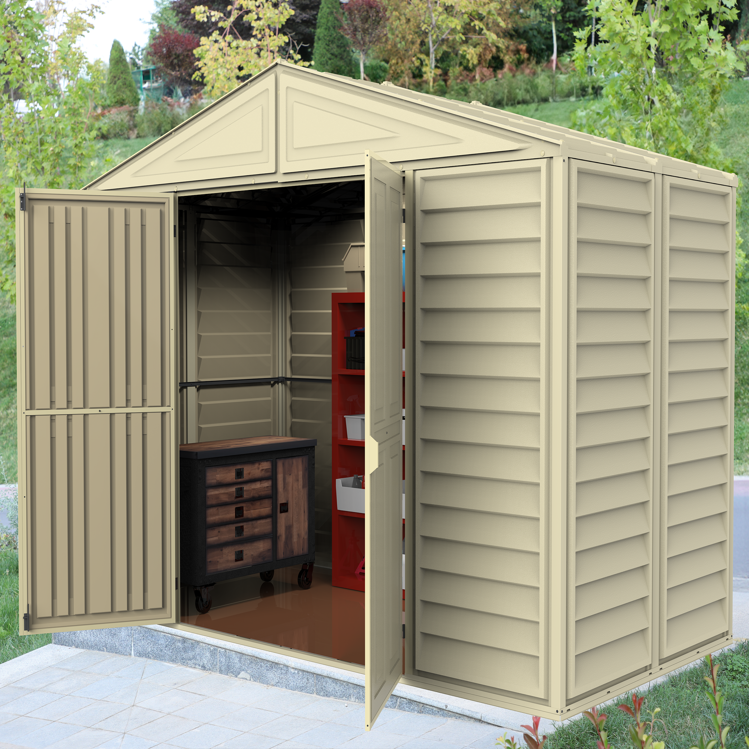 DuraMax 10.5ft x 5ft Woodbridge Plastic Vinyl Shed with Foundation Kit 00283