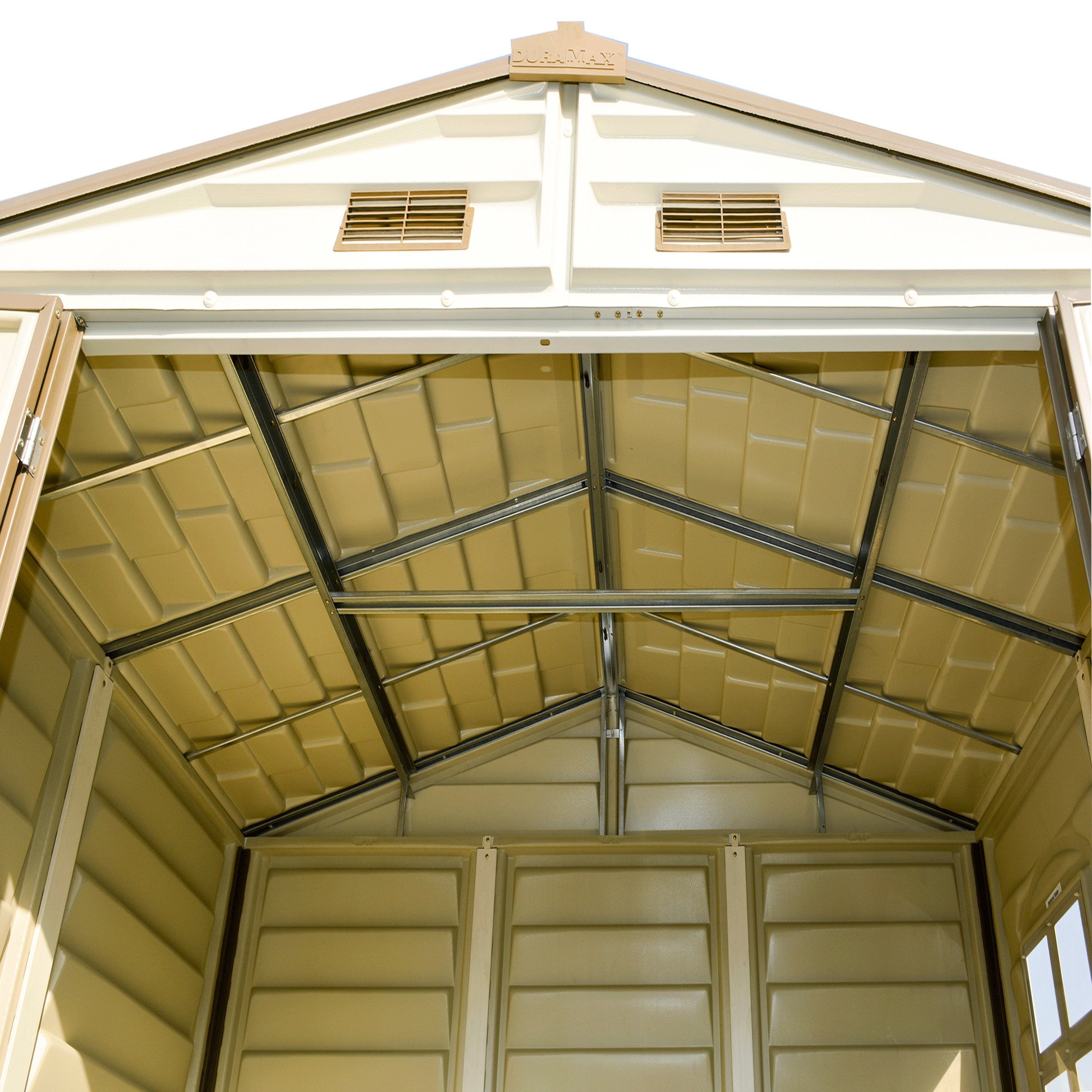 DuraMax 8ft x 5.5ft Storeall Plastic Vinyl Shed with Foundation Kit and window 30115