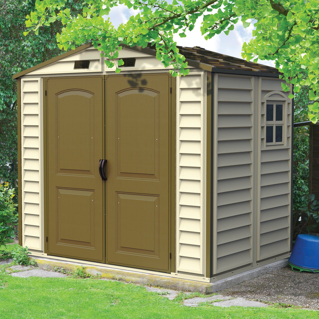 DuraMax 8ft x 5.5ft Storeall Plastic Vinyl Shed with Foundation Kit and window 30115