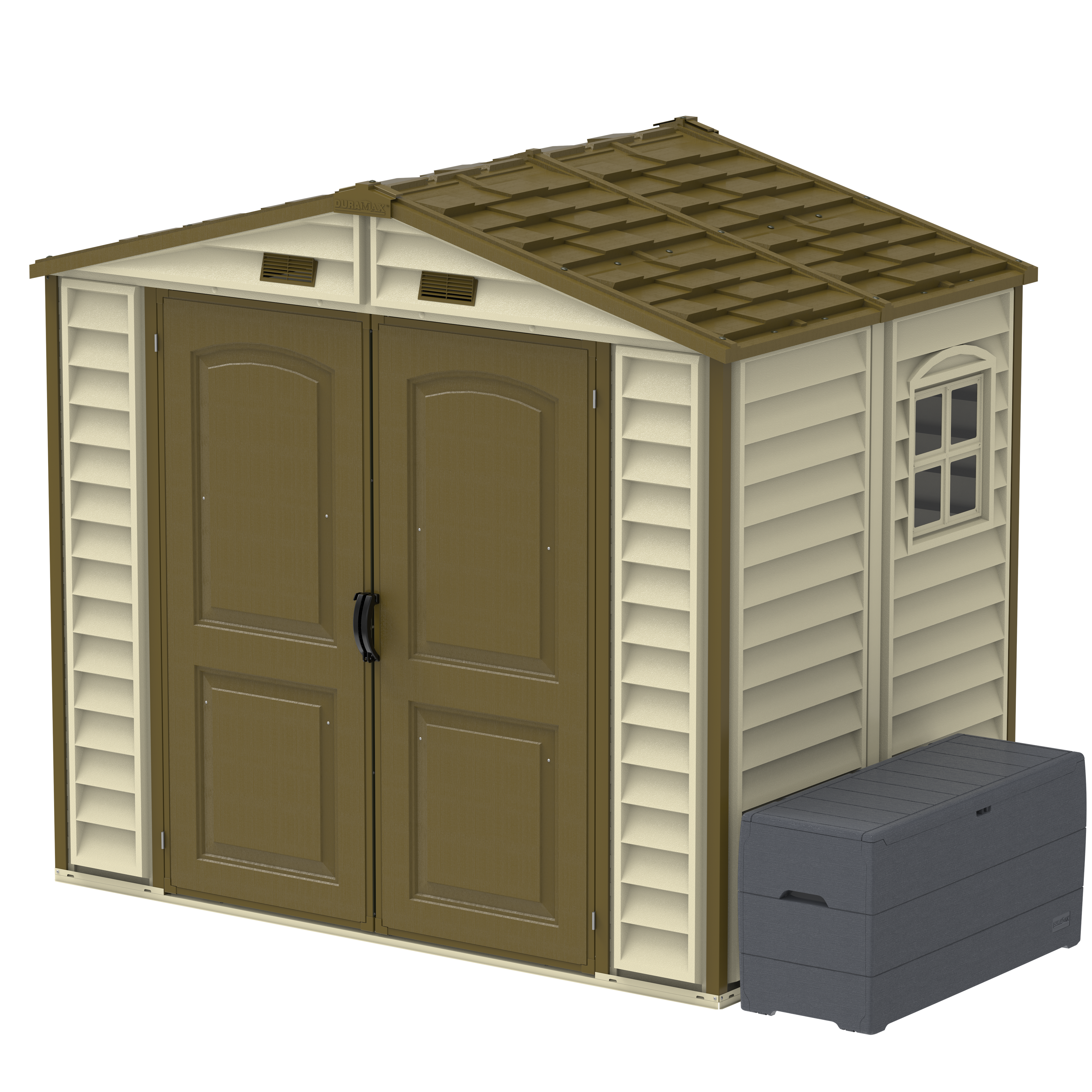 DuraMax 8ft x 5.5ft Storeall Plastic Vinyl Shed with Foundation Kit and window 30115