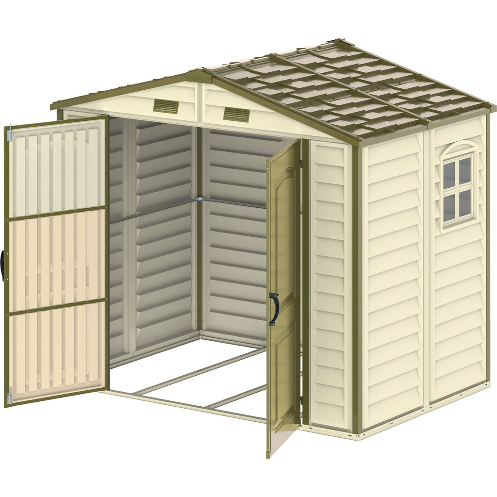 DuraMax 8ft x 5.5ft Storeall Plastic Vinyl Shed with Foundation Kit and window 30115