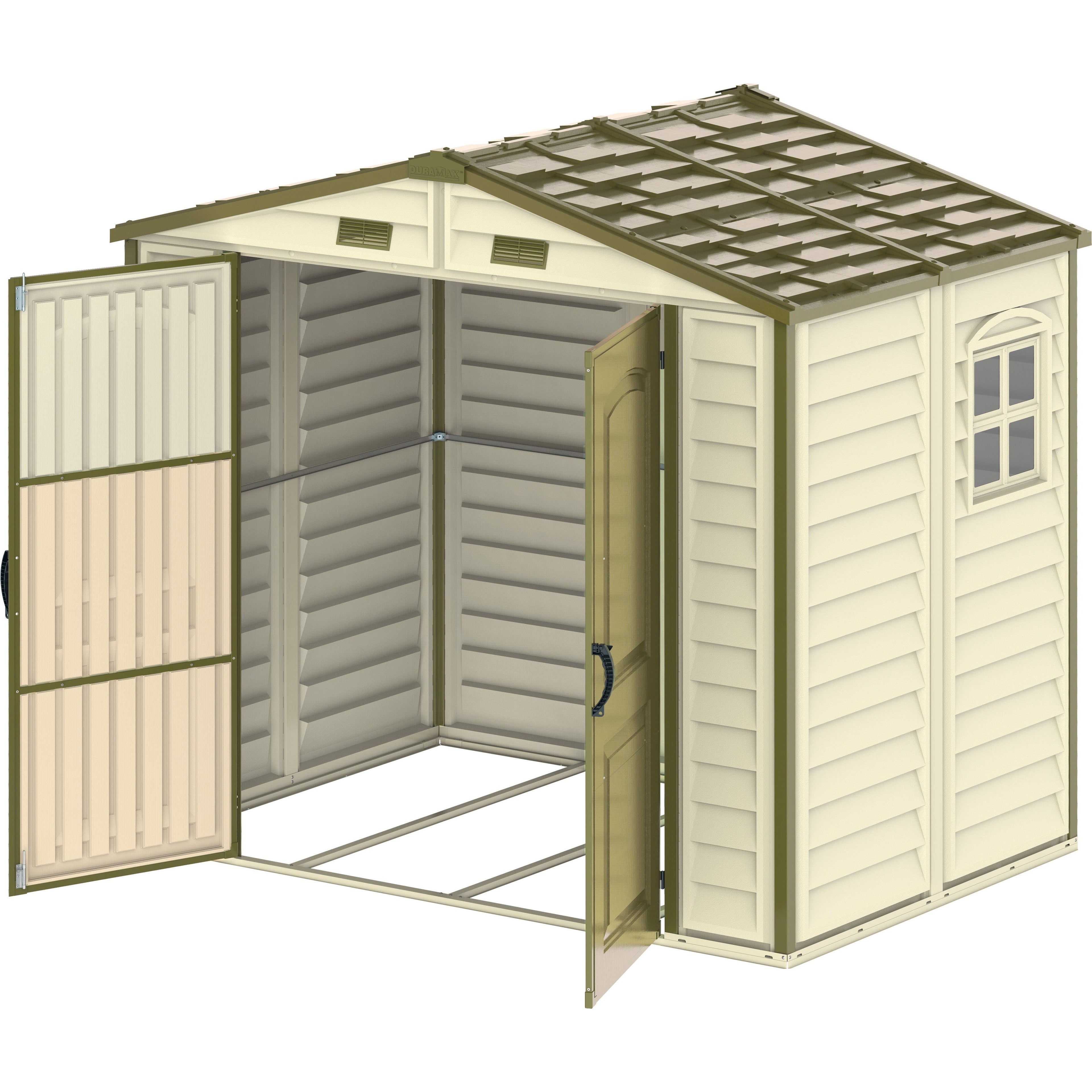 DuraMax 8ft x 5.5ft Storeall Plastic Vinyl Shed with Foundation Kit and window 30115