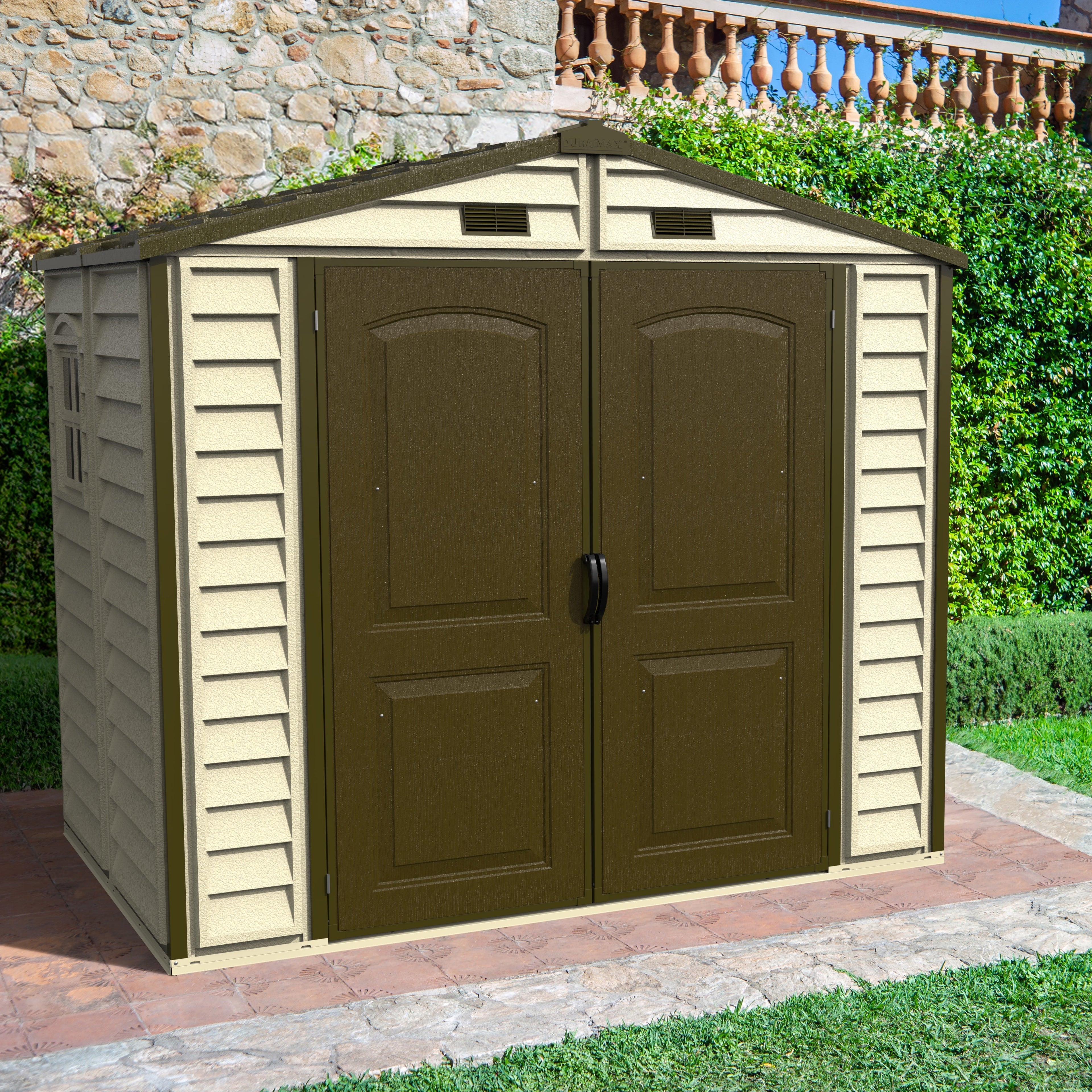 DuraMax 8ft x 5.5ft Storeall Plastic Vinyl Shed with Foundation Kit and window 30115