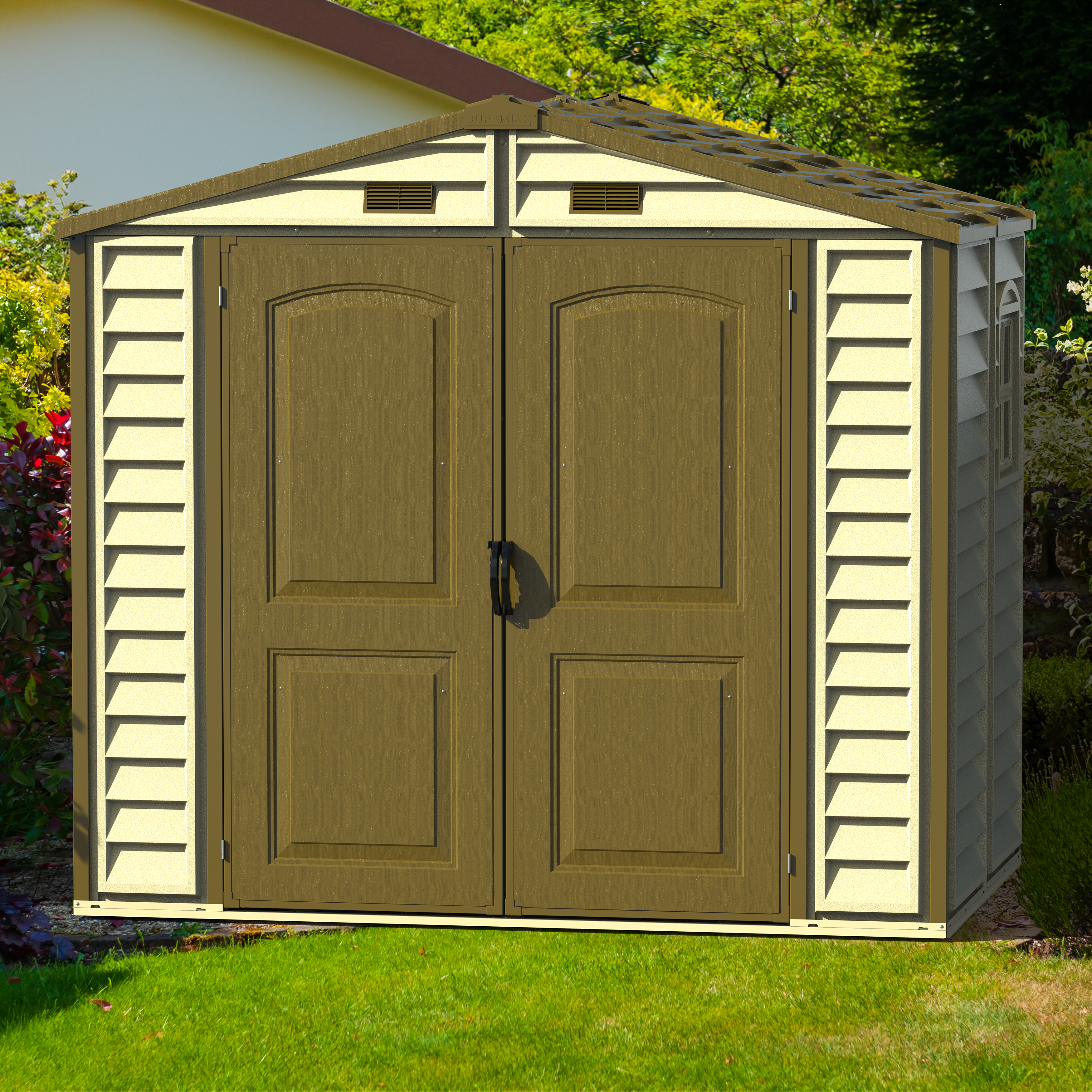 DuraMax 8ft x 5.5ft Storeall Plastic Vinyl Shed with Foundation Kit and window 30115