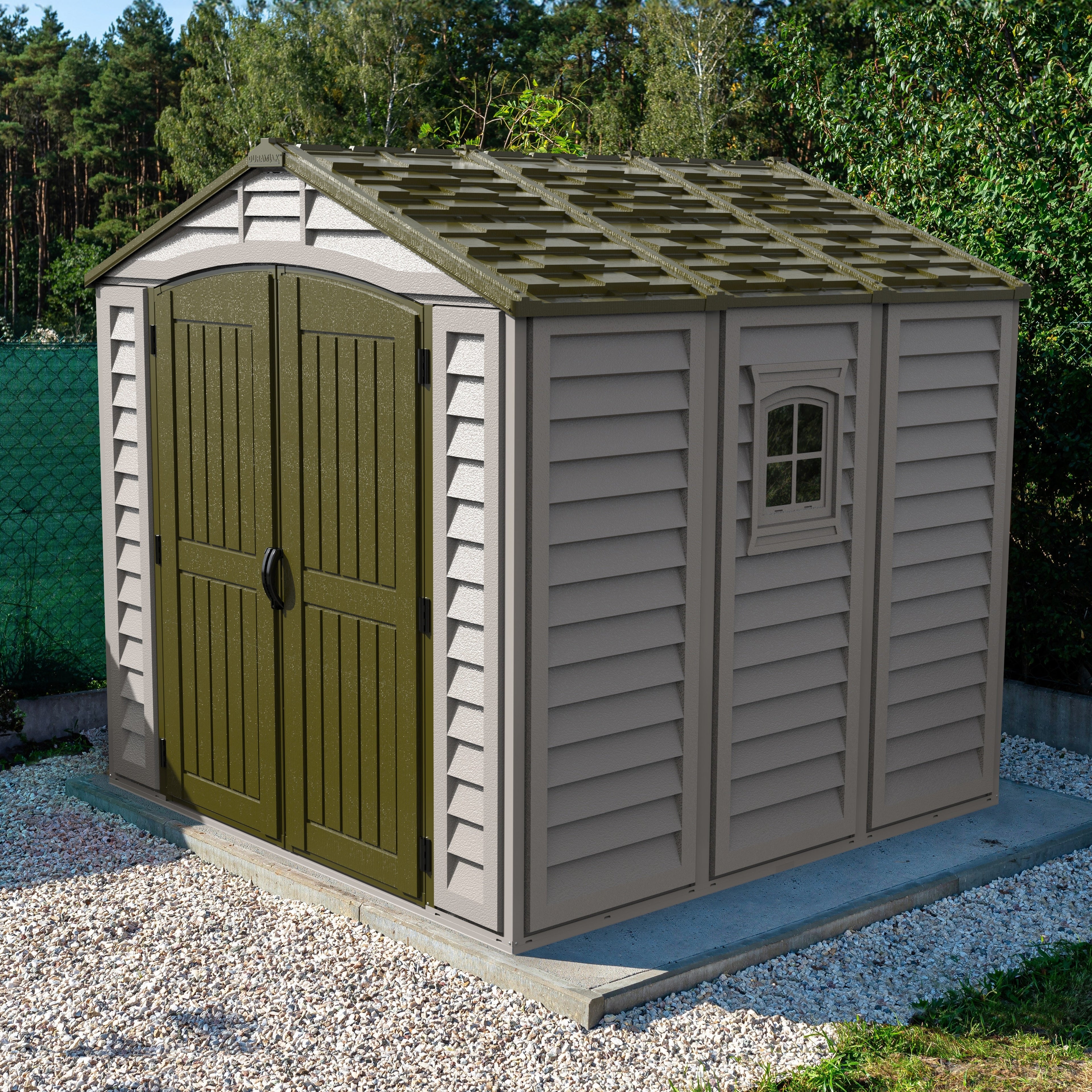 DuraMax 8ft x 8ft DuraPlus Plastic Vinyl Shed Kit with Foundation and Window 30114