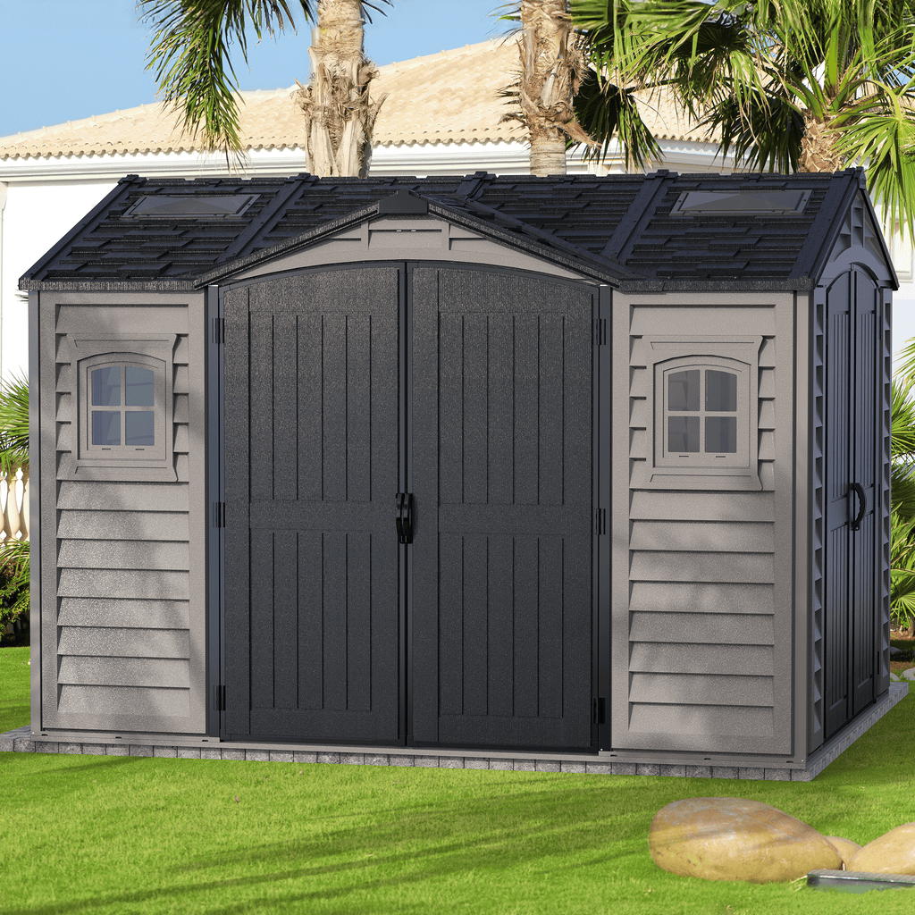 Duramax Apex Pro 10.5'X8' Plastic Vinyl Shed with Foundation, 2 Windows and Side Door 40116