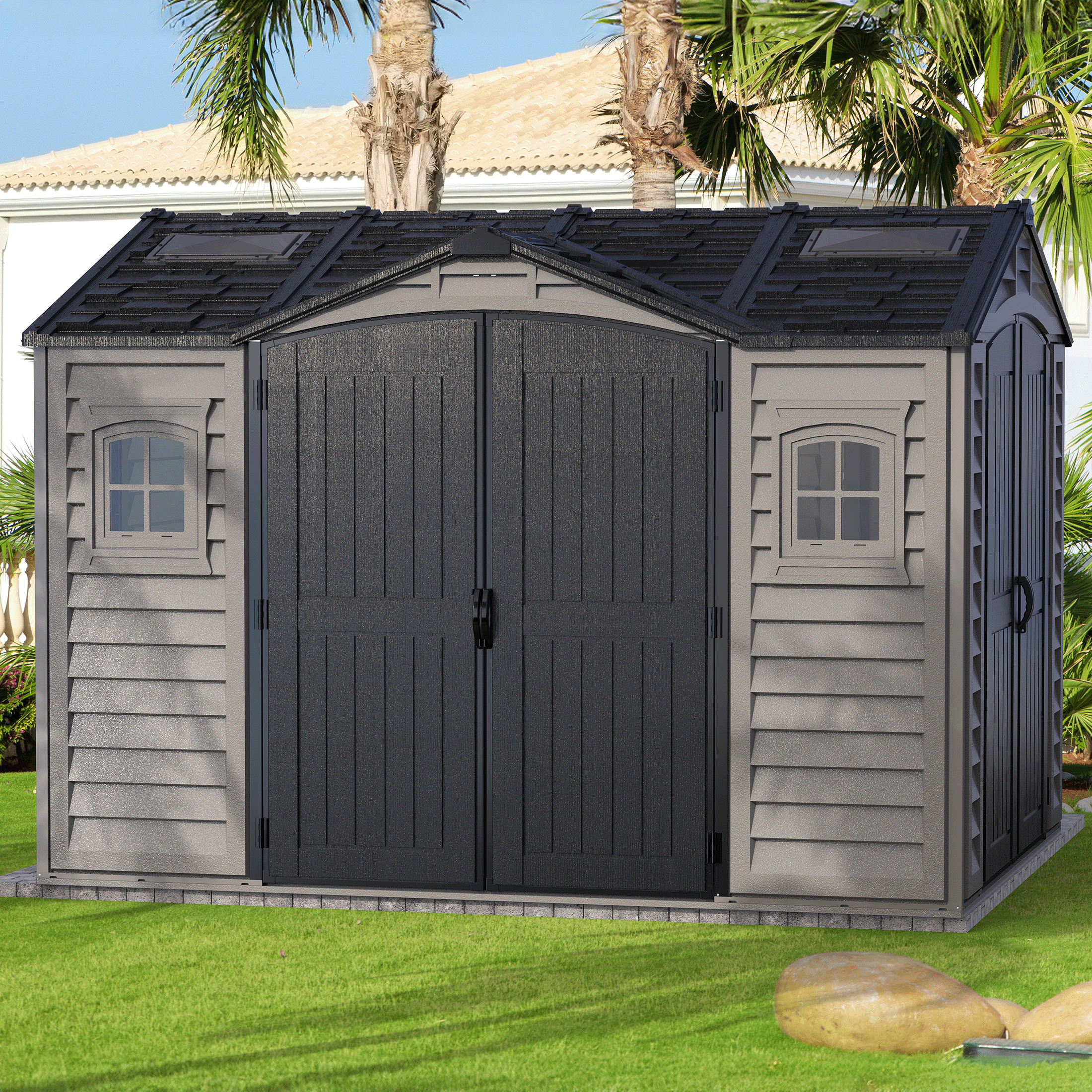 Duramax Apex Pro 10.5'X8' Plastic Vinyl Shed with Foundation, 2 Windows and Side Door 40116