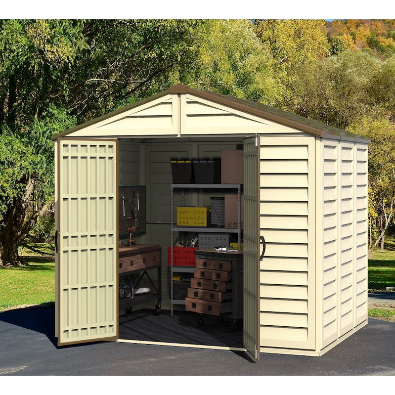 DuraMax 10.5 ft x 8ft Woodbridge Plus Plastic Vinyl Shed w/ Foundation Kit & Window 40214