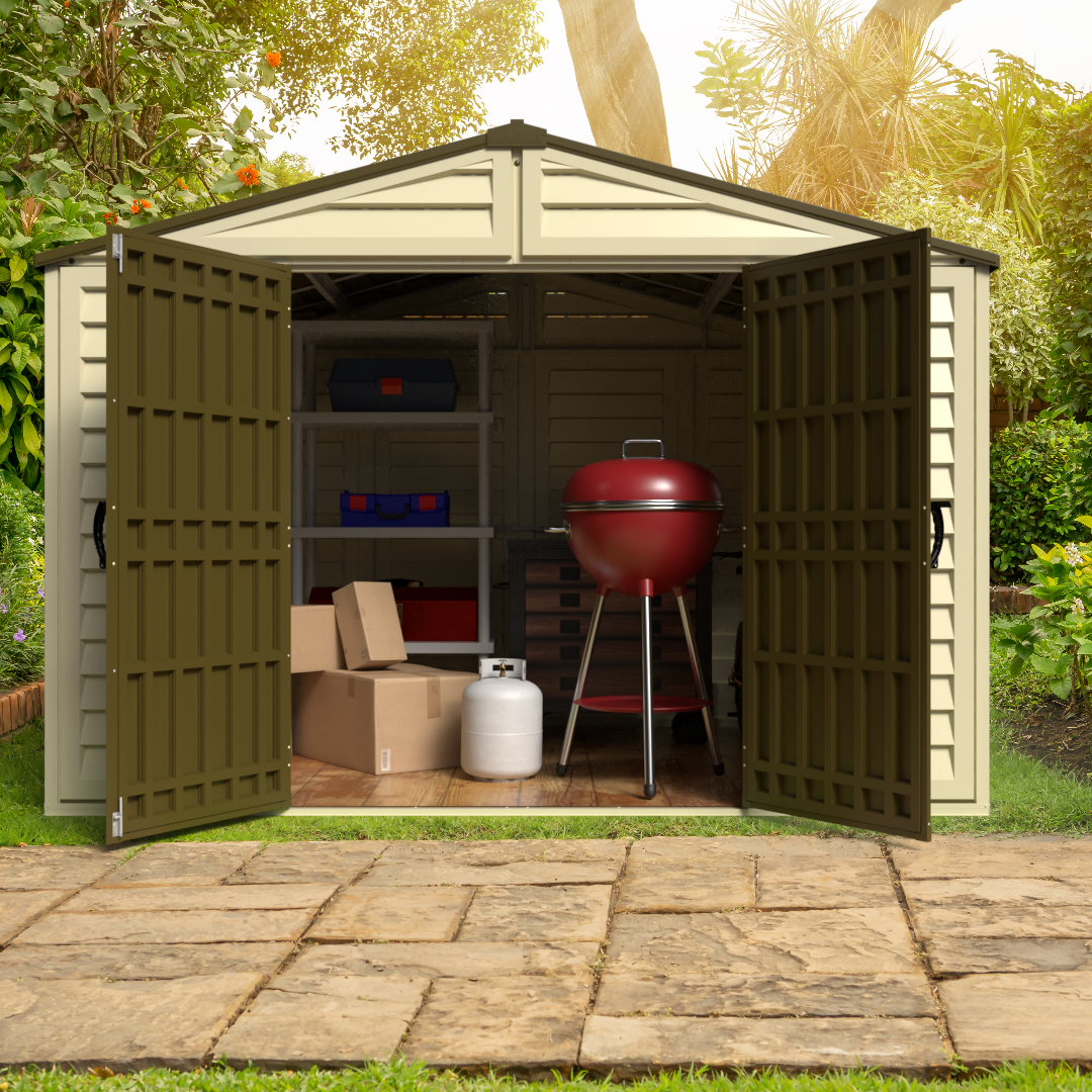 DuraMax 10.5 ft x 8ft Woodbridge Plus Plastic Vinyl Shed w/ Foundation Kit & Window 40214
