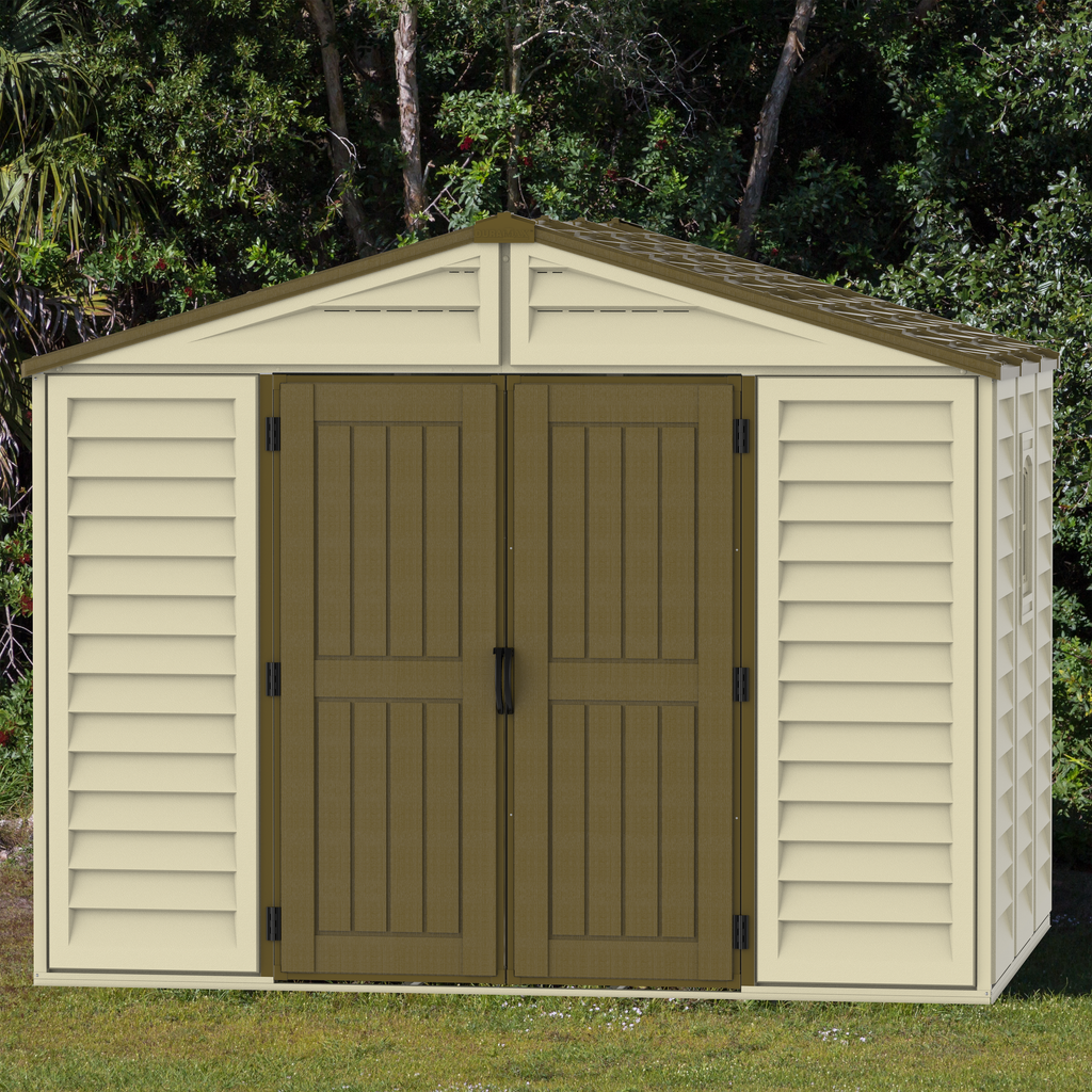 DuraMax 10.5 ft x 8ft Woodbridge Plus Plastic Vinyl Shed w/ Foundation Kit & Window 40214