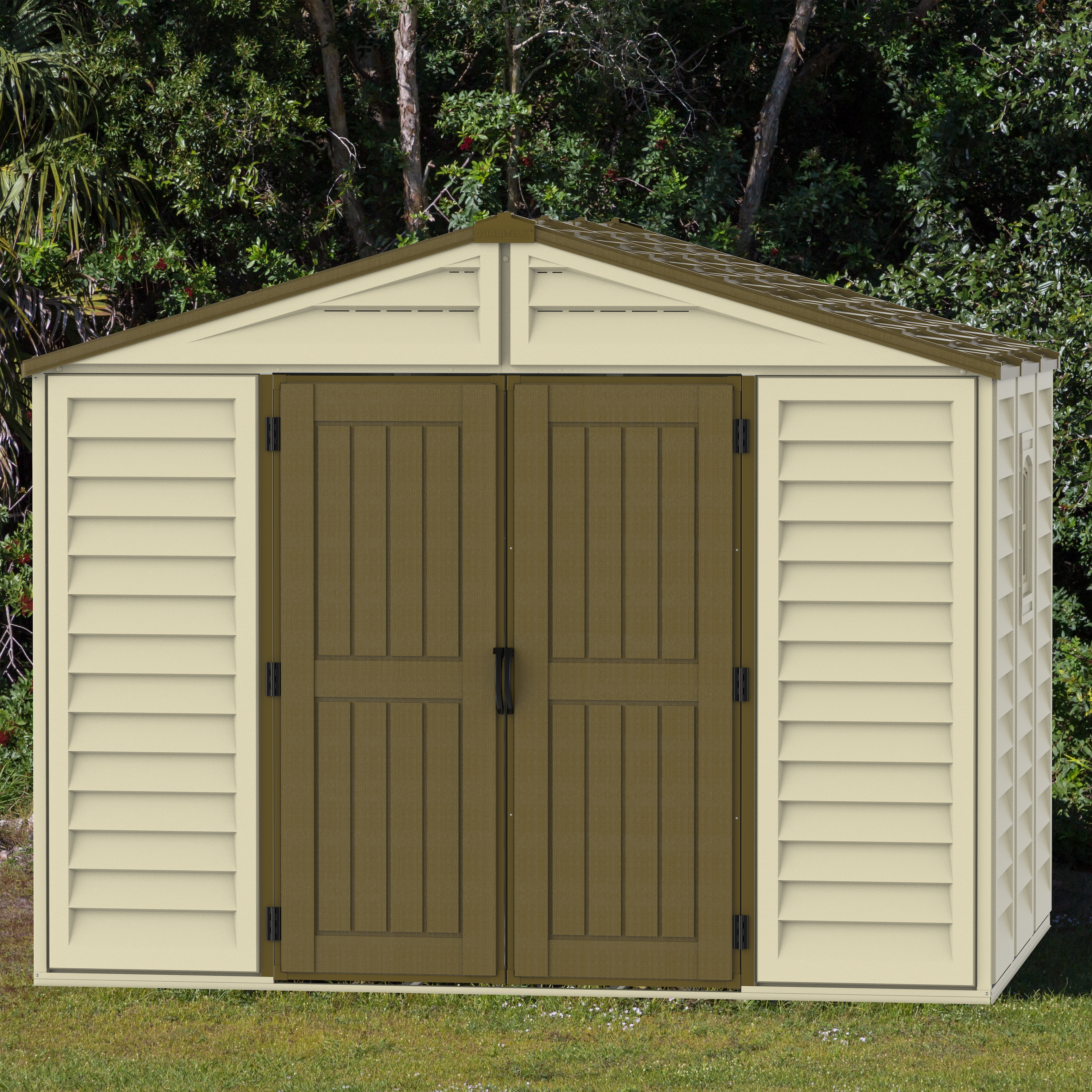 DuraMax 10.5 ft x 8ft Woodbridge Plus Plastic Vinyl Shed w/ Foundation Kit & Window 40214