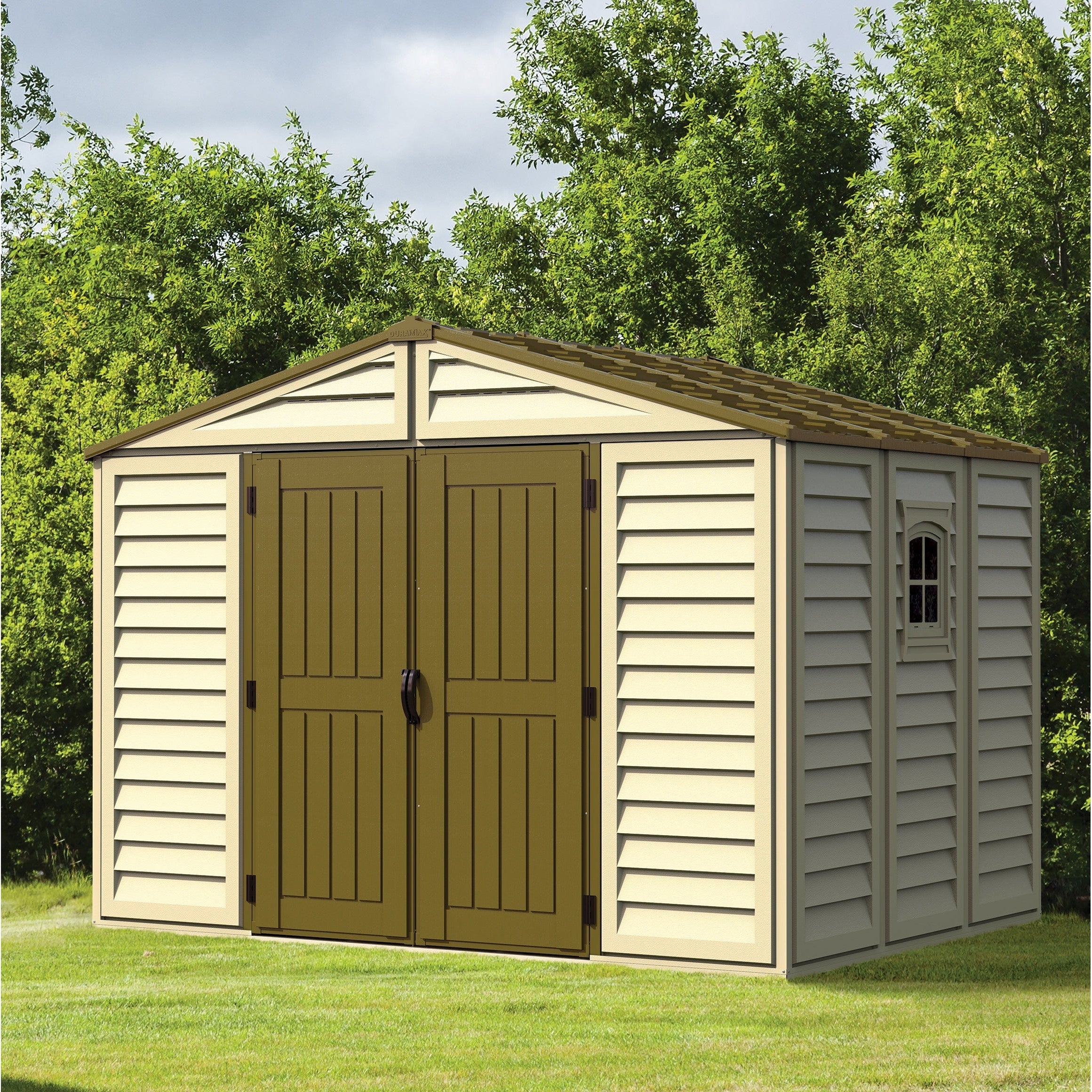 DuraMax 10.5 ft x 8ft Woodbridge Plus Plastic Vinyl Shed w/ Foundation Kit & Window 40214