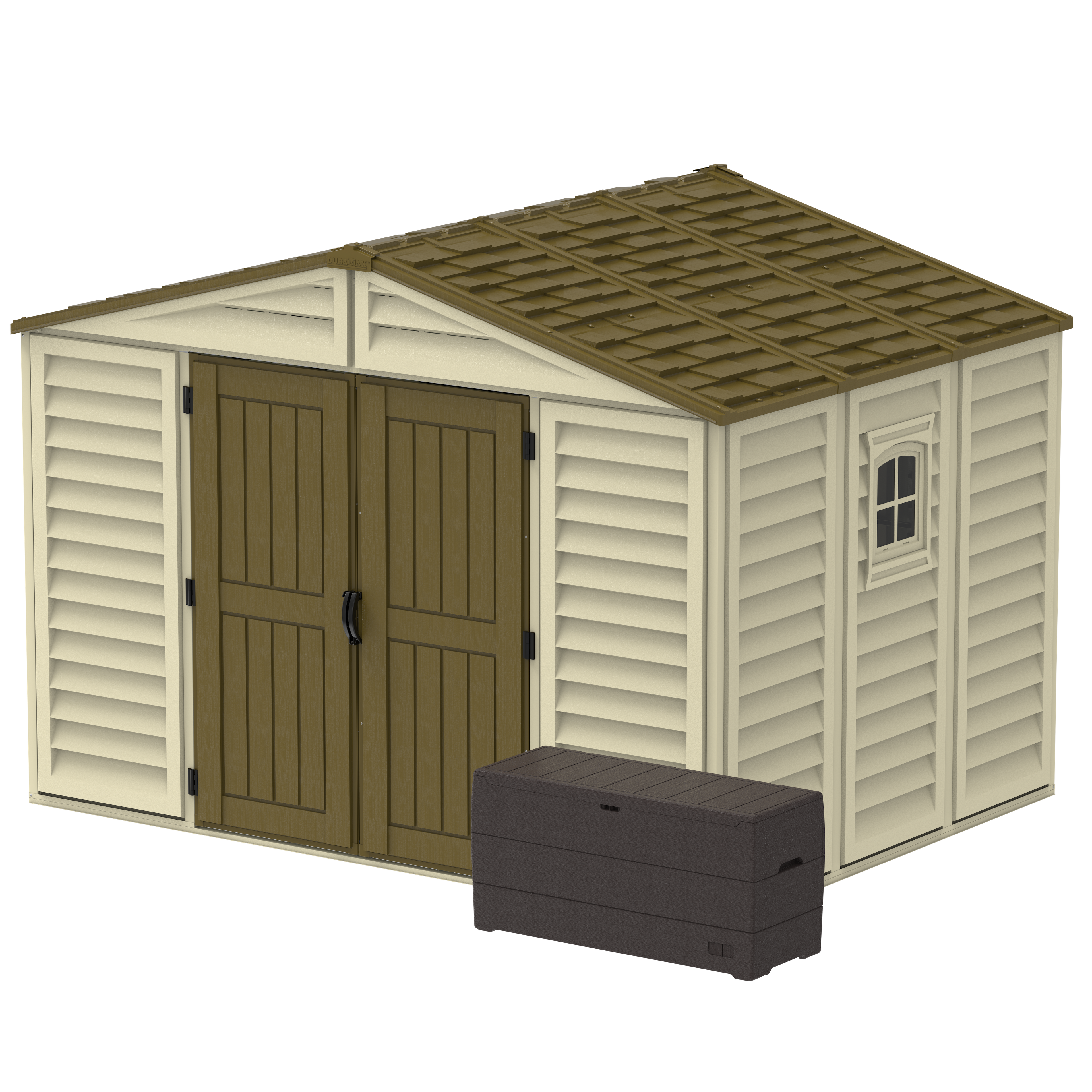 DuraMax 10.5 ft x 8ft Woodbridge Plus Plastic Vinyl Shed w/ Foundation Kit & Window 40214