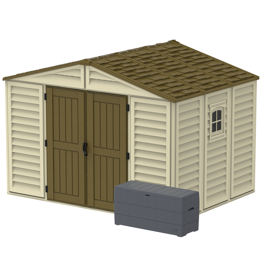 DuraMax 10.5 ft x 8ft Woodbridge Plus Plastic Vinyl Shed w/ Foundation Kit & Window 40214