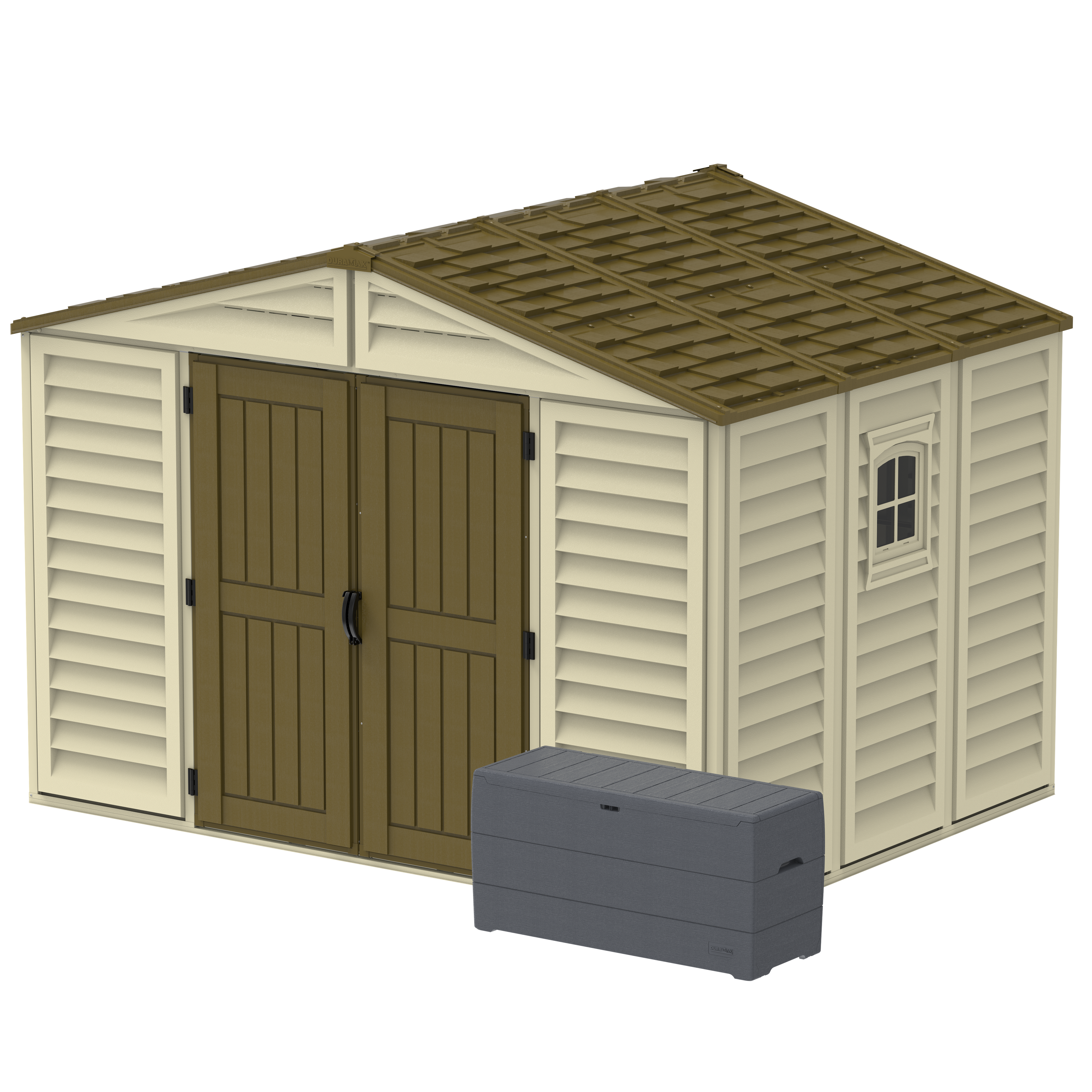 DuraMax 10.5 ft x 8ft Woodbridge Plus Plastic Vinyl Shed w/ Foundation Kit & Window 40214