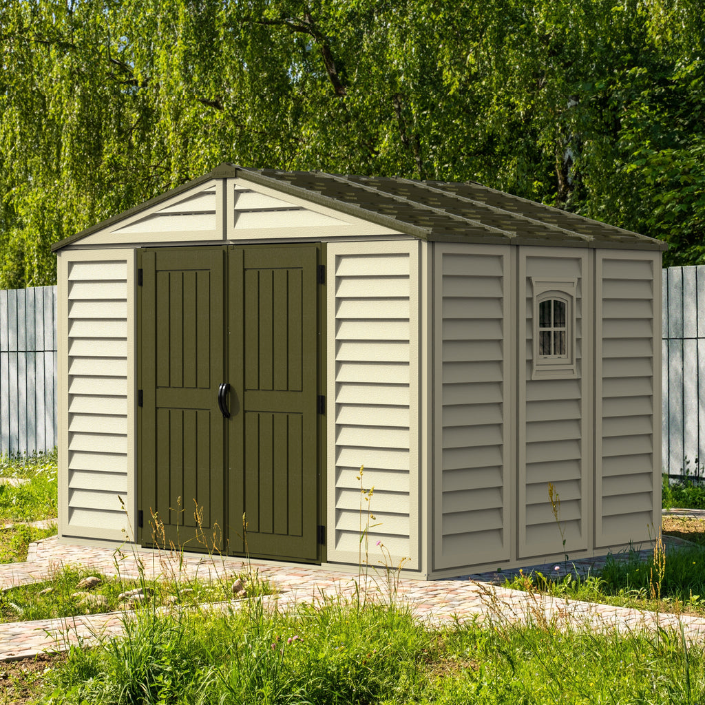 DuraMax 10.5 ft x 8ft Woodbridge Plus Plastic Vinyl Shed w/ Foundation Kit & Window 40214