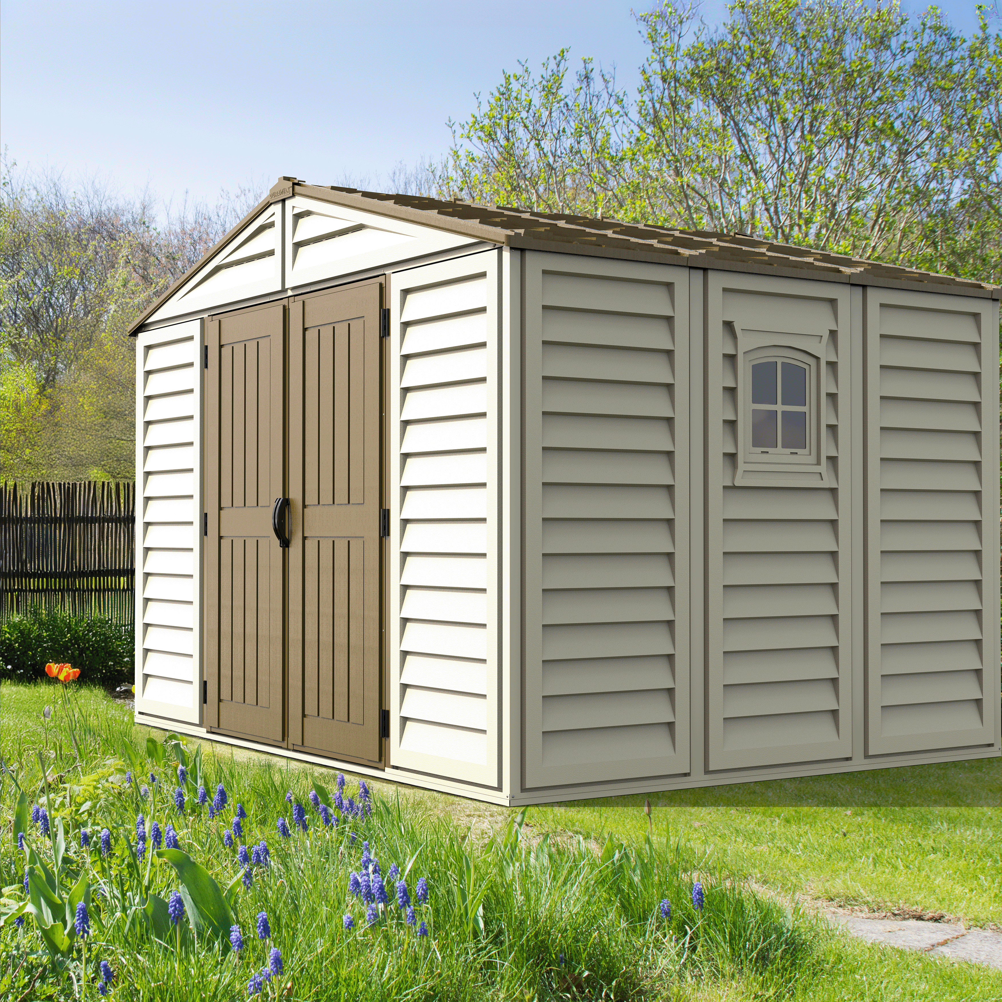 DuraMax 10.5 ft x 8ft Woodbridge Plus Plastic Vinyl Shed w/ Foundation Kit & Window 40214